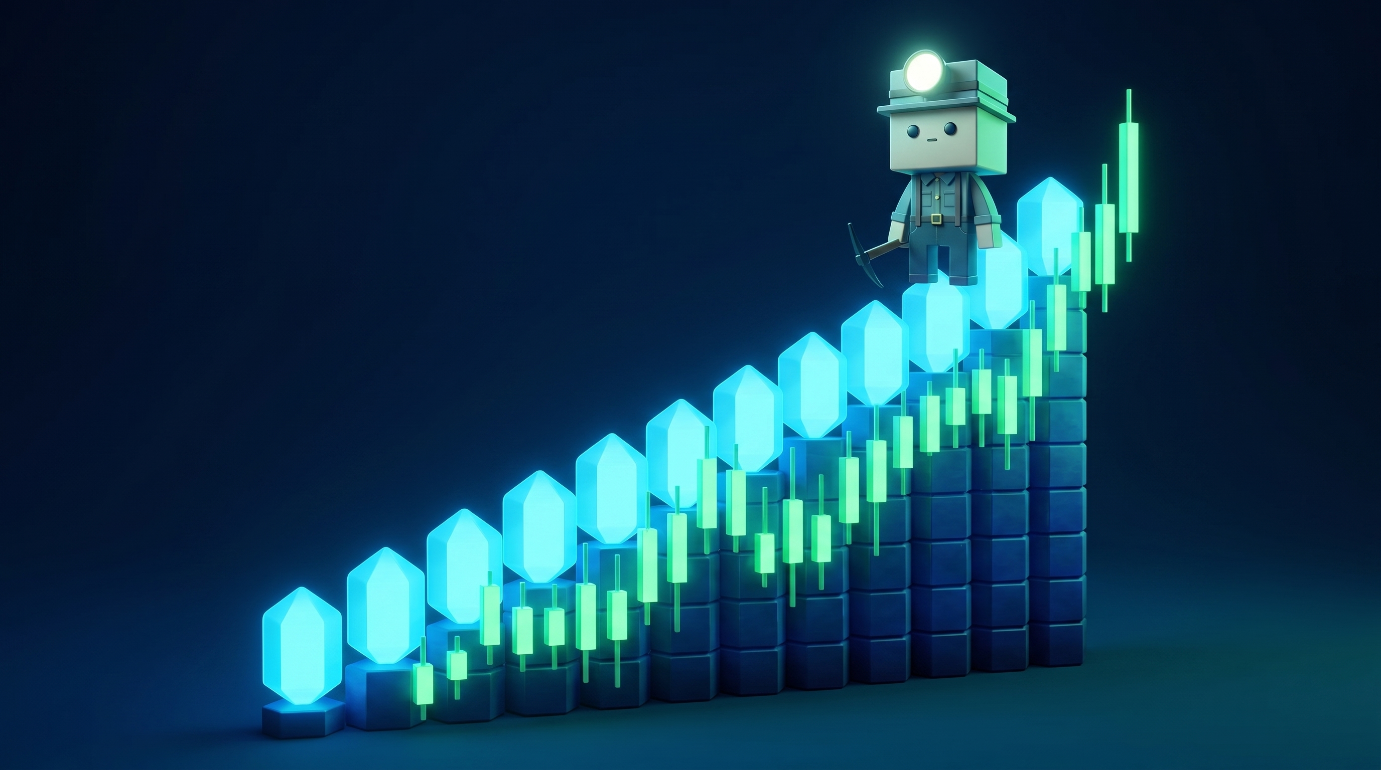 The Gem Hunters miner mascot standing on top of a rising chart of glowing altcoin gems