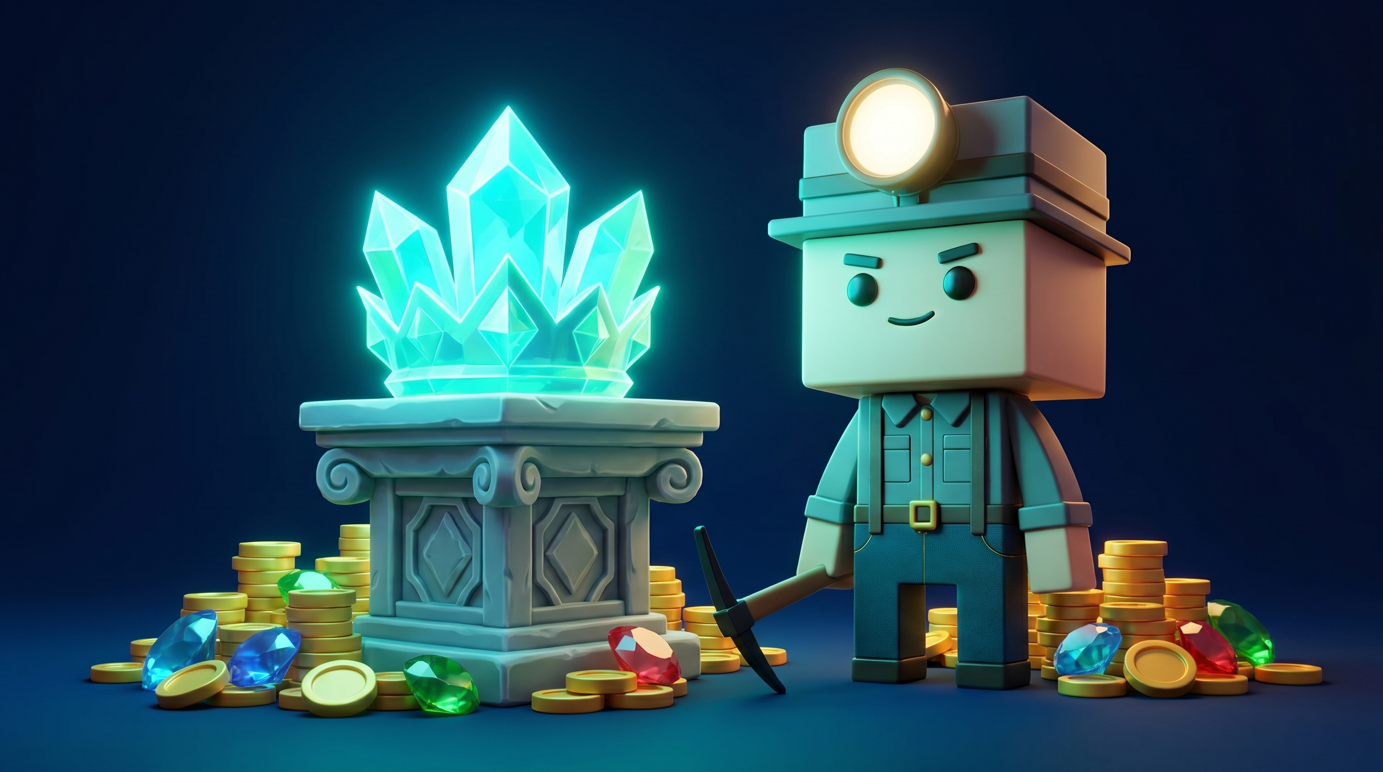 A glowing crystal crown resting on a cluster of gems, representing the founder of Gem Hunters