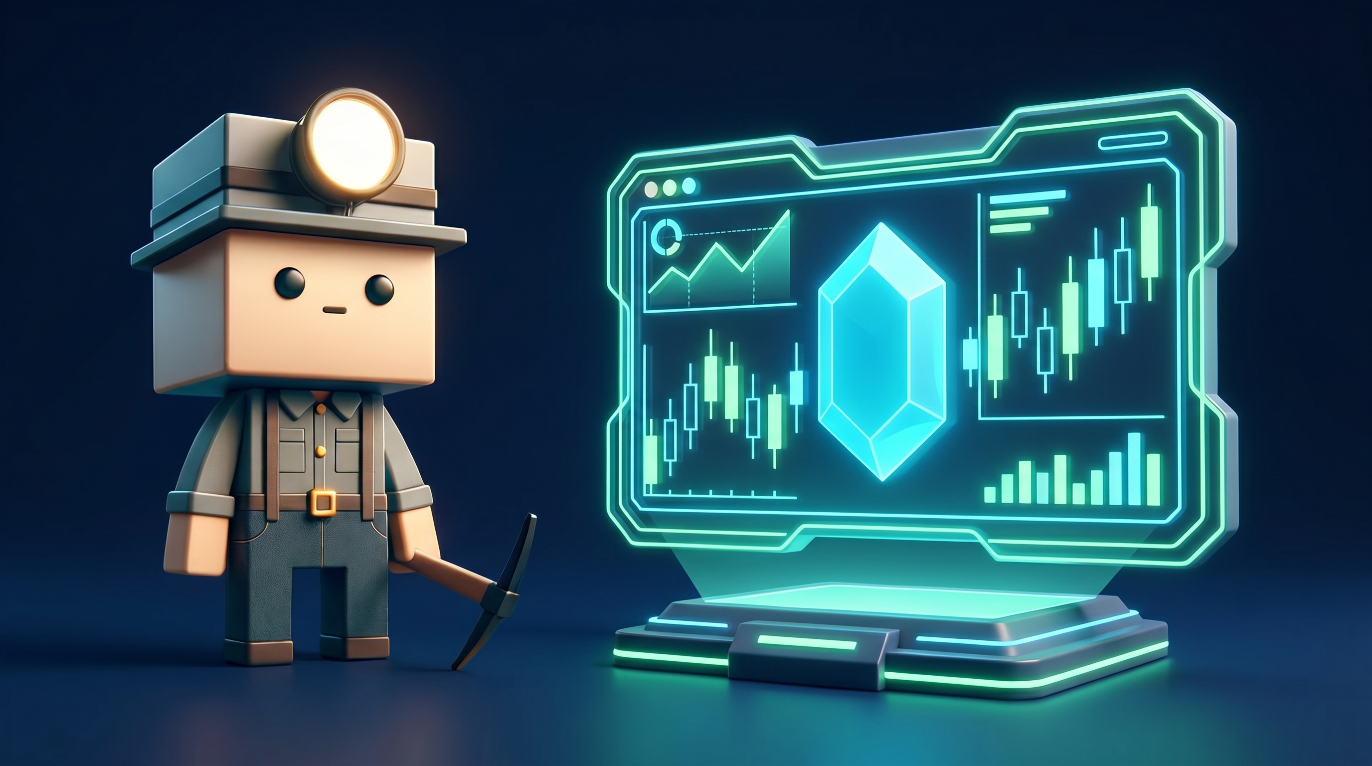 A crypto exchange trading dashboard glowing inside a stone cavern of light