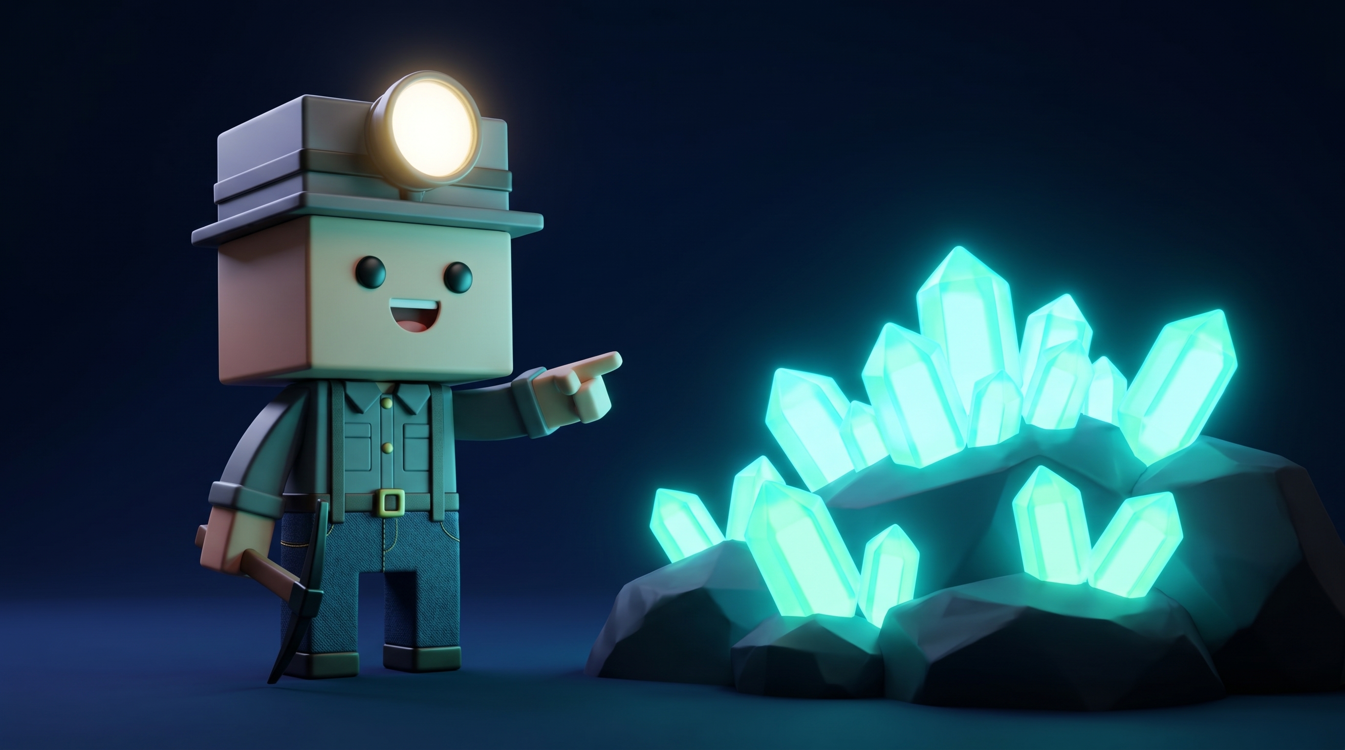 The Gem Hunters miner mascot pointing toward an open cluster of glowing gems as the real proof