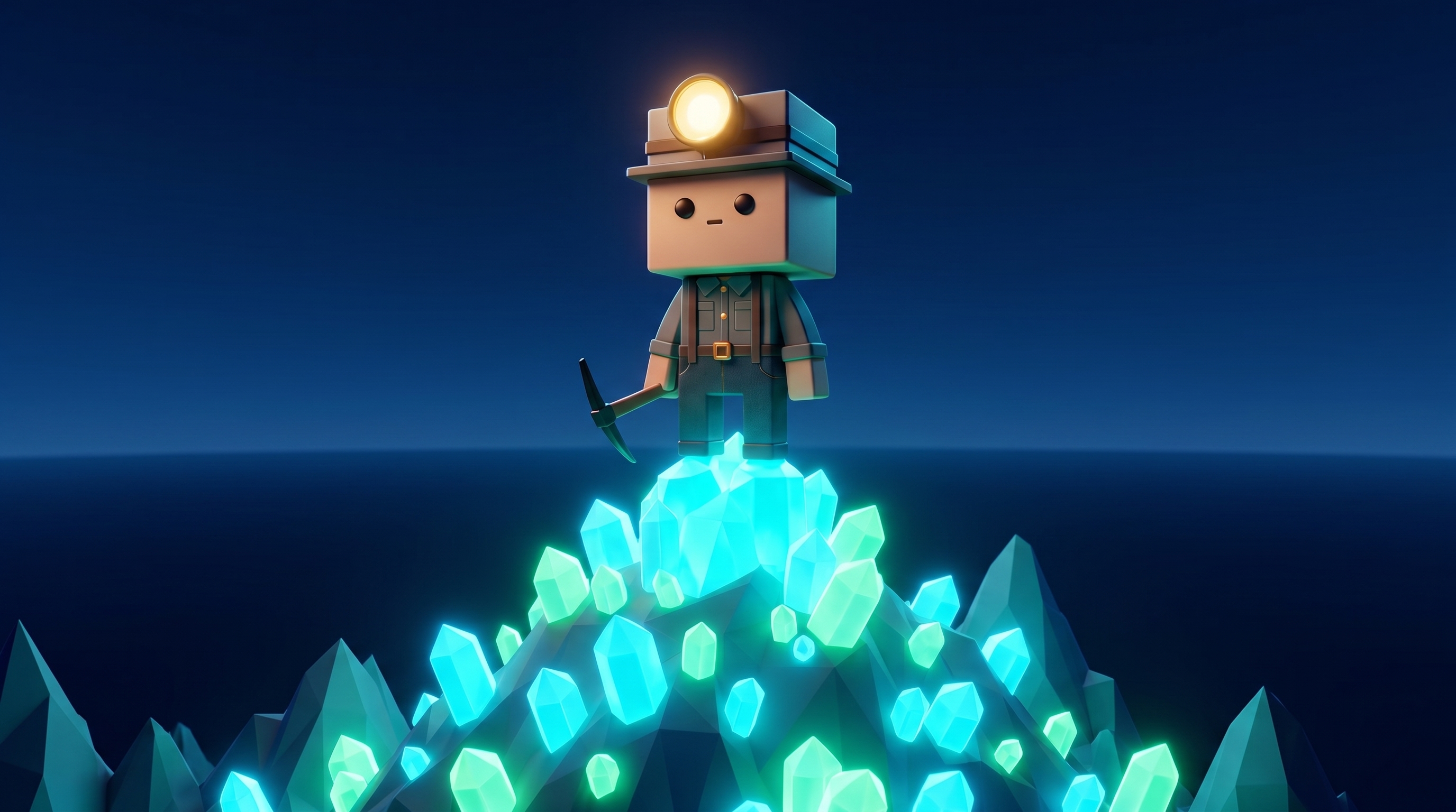 The Gem Hunters miner mascot standing on a glowing mountain peak of gems, looking out at the horizon
