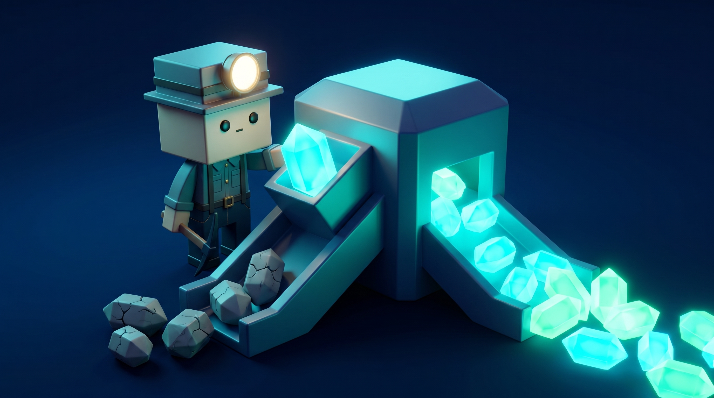 The Gem Hunters miner mascot running glowing gems through a filter, sorting good coins from rocks