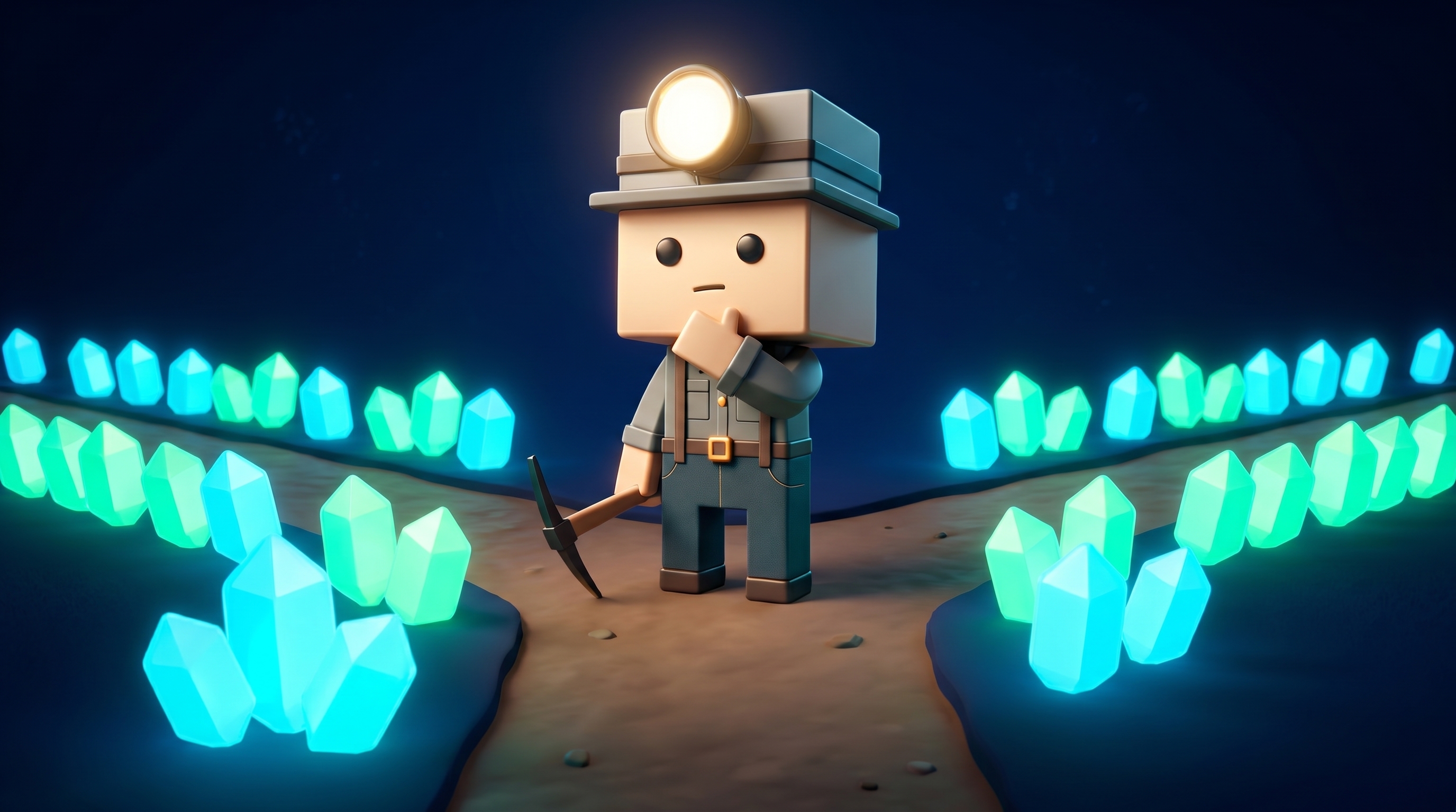 The Gem Hunters miner mascot standing at a crossroads of glowing crypto gems, deciding which path to take