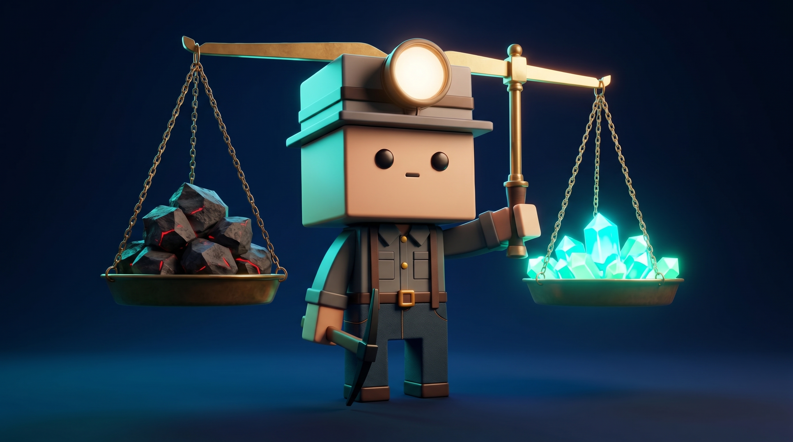 The Gem Hunters miner mascot holding a balanced scale, weighing risk against reward with glowing gems