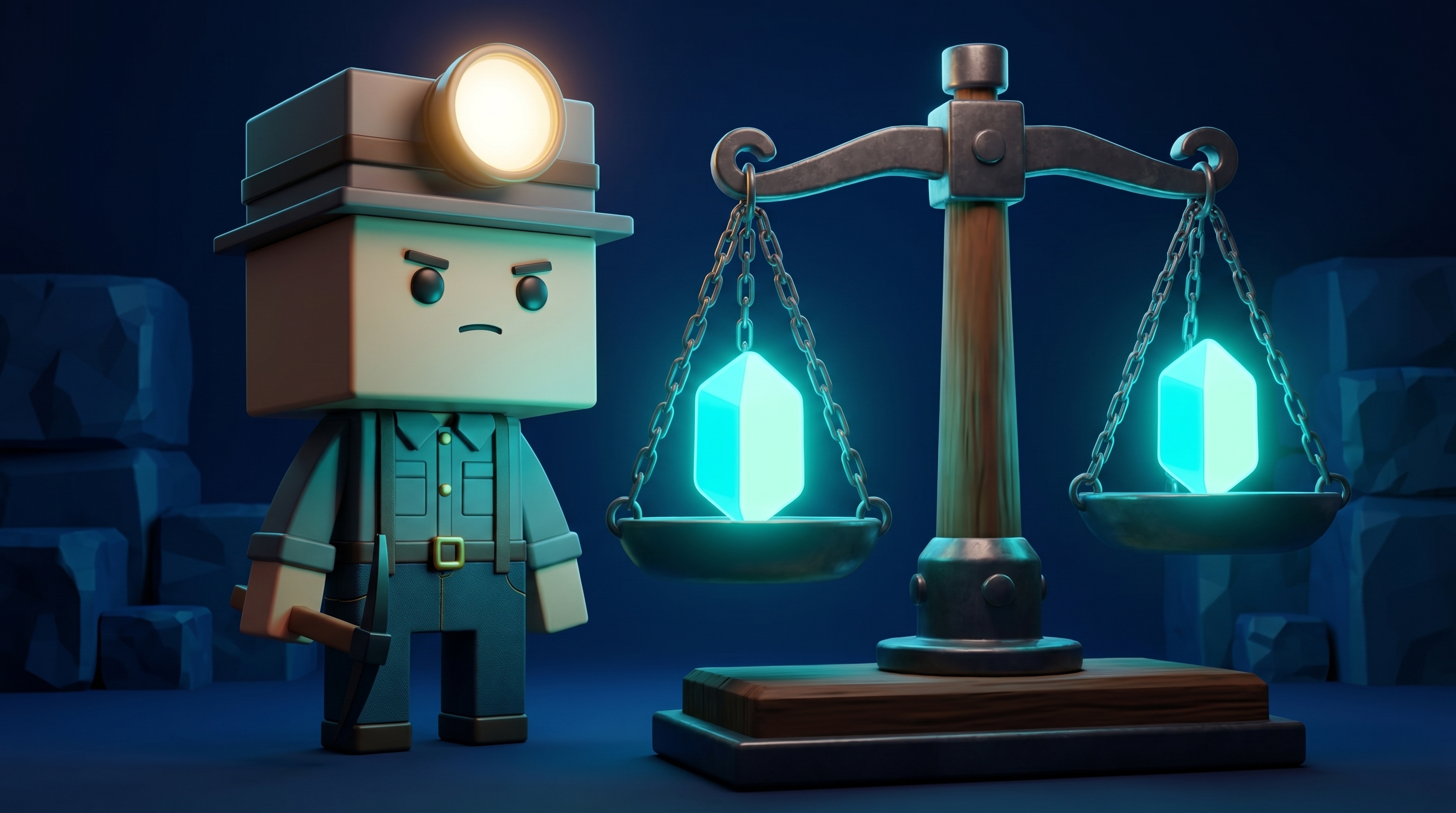 The Gem Hunters miner mascot weighing two glowing platform tokens on a balance scale