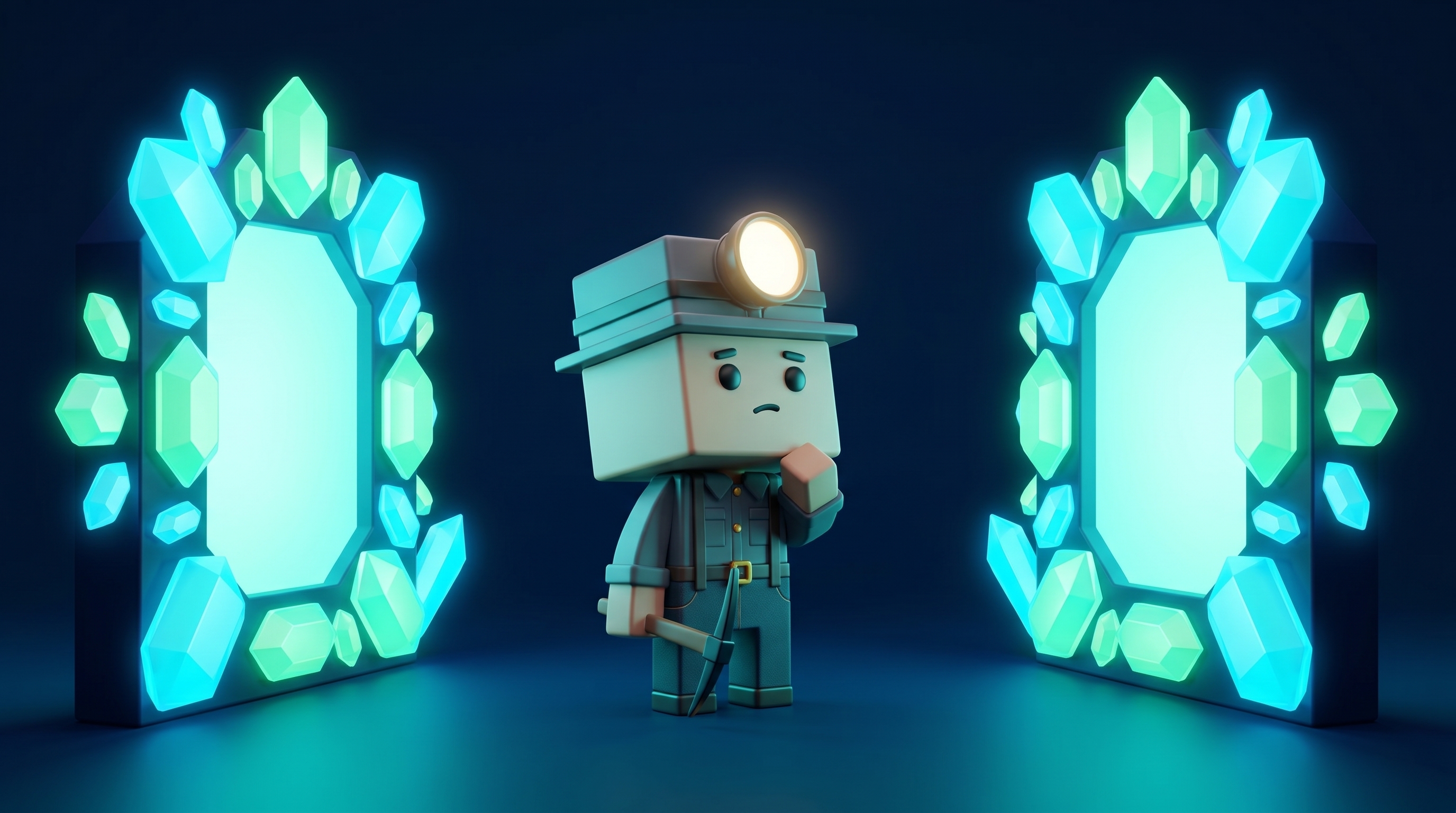 The Gem Hunters miner mascot standing between two glowing exchange gateways made of gems