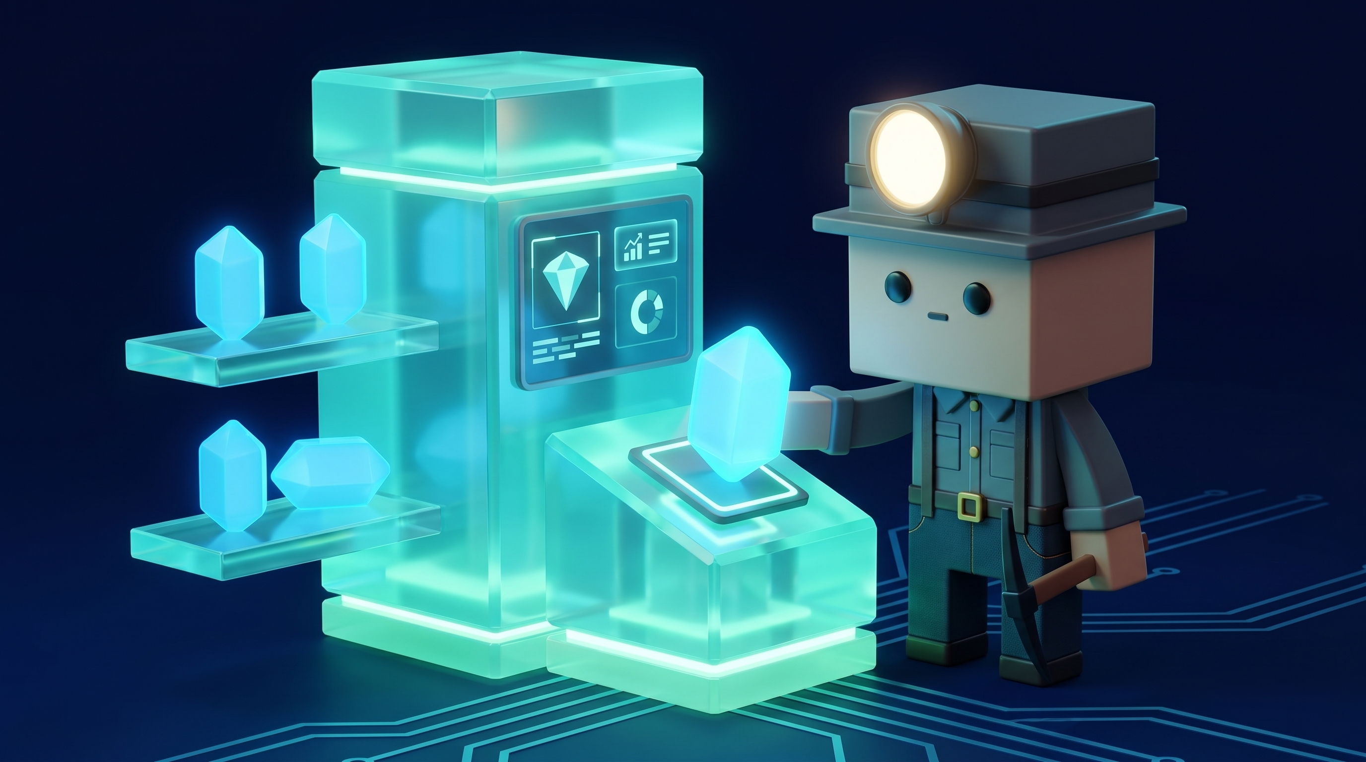 The Gem Hunters miner mascot trading at a sleek glowing exchange terminal of gems
