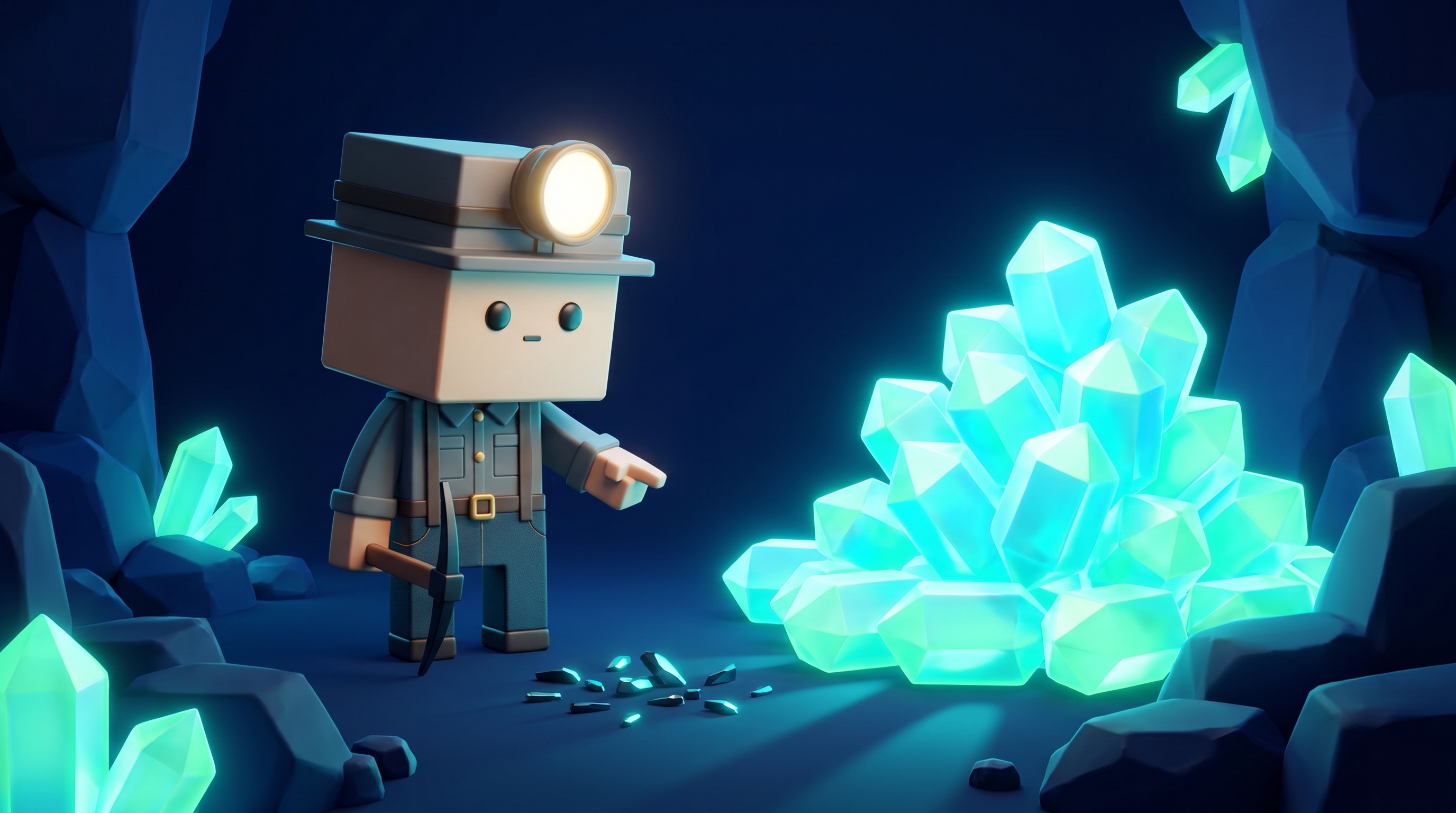The Gem Hunters miner mascot pointing at tiny fee slivers next to a large pile of saved gems