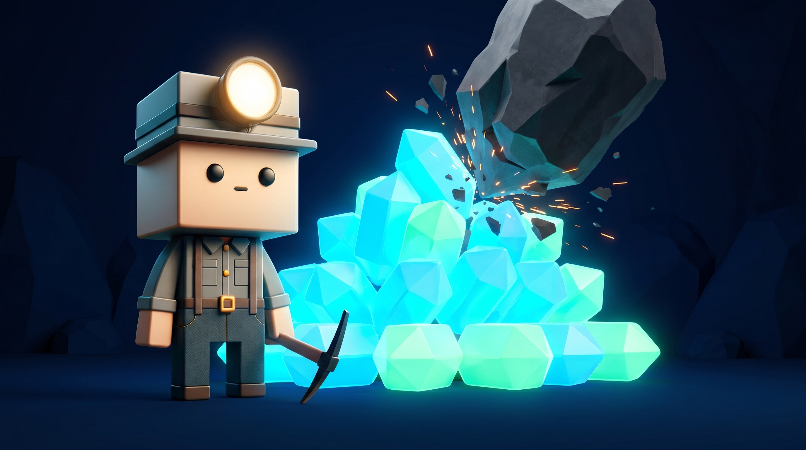 The Gem Hunters miner mascot guarding a glowing pile of gems from a chunk being shaved off