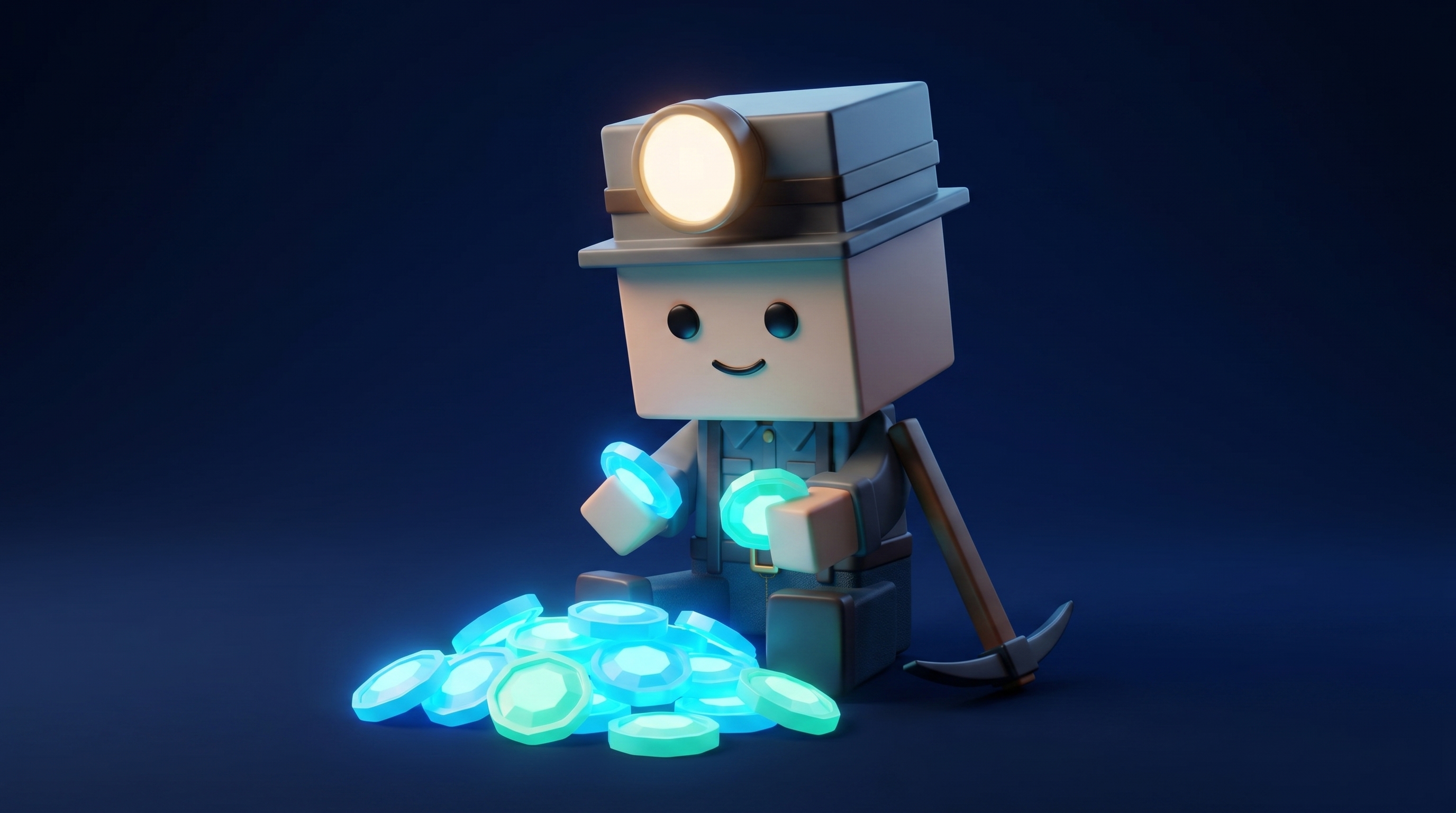 The Gem Hunters miner mascot counting a pile of saved glowing gem coins with a satisfied look