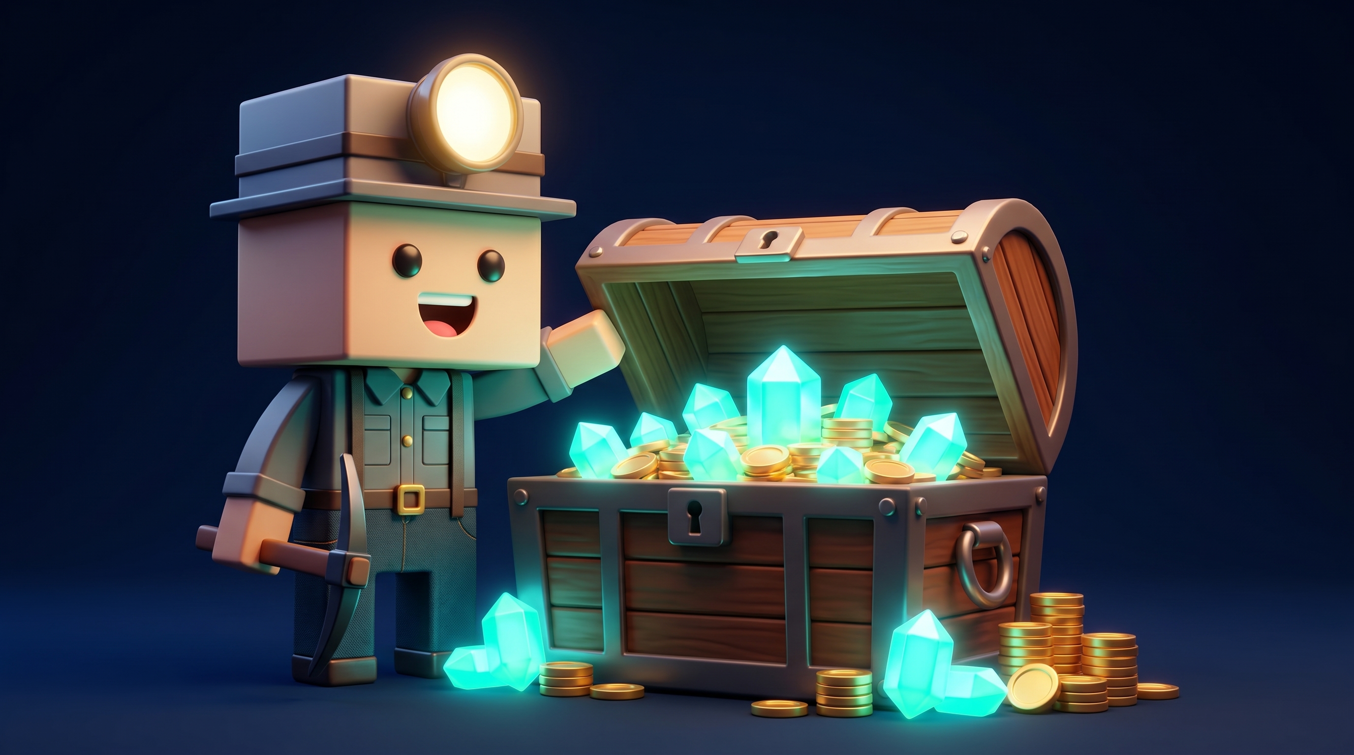 A glowing crypto gem rising from a treasure chest of coins