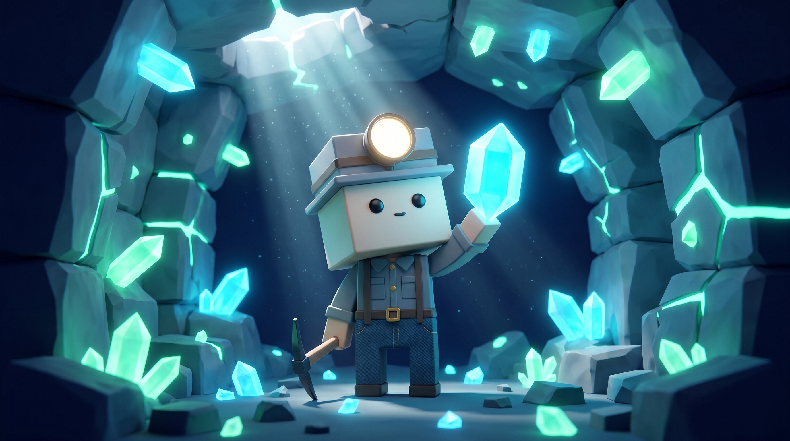 A glowing crypto gem on a stone pedestal in a cavern of light