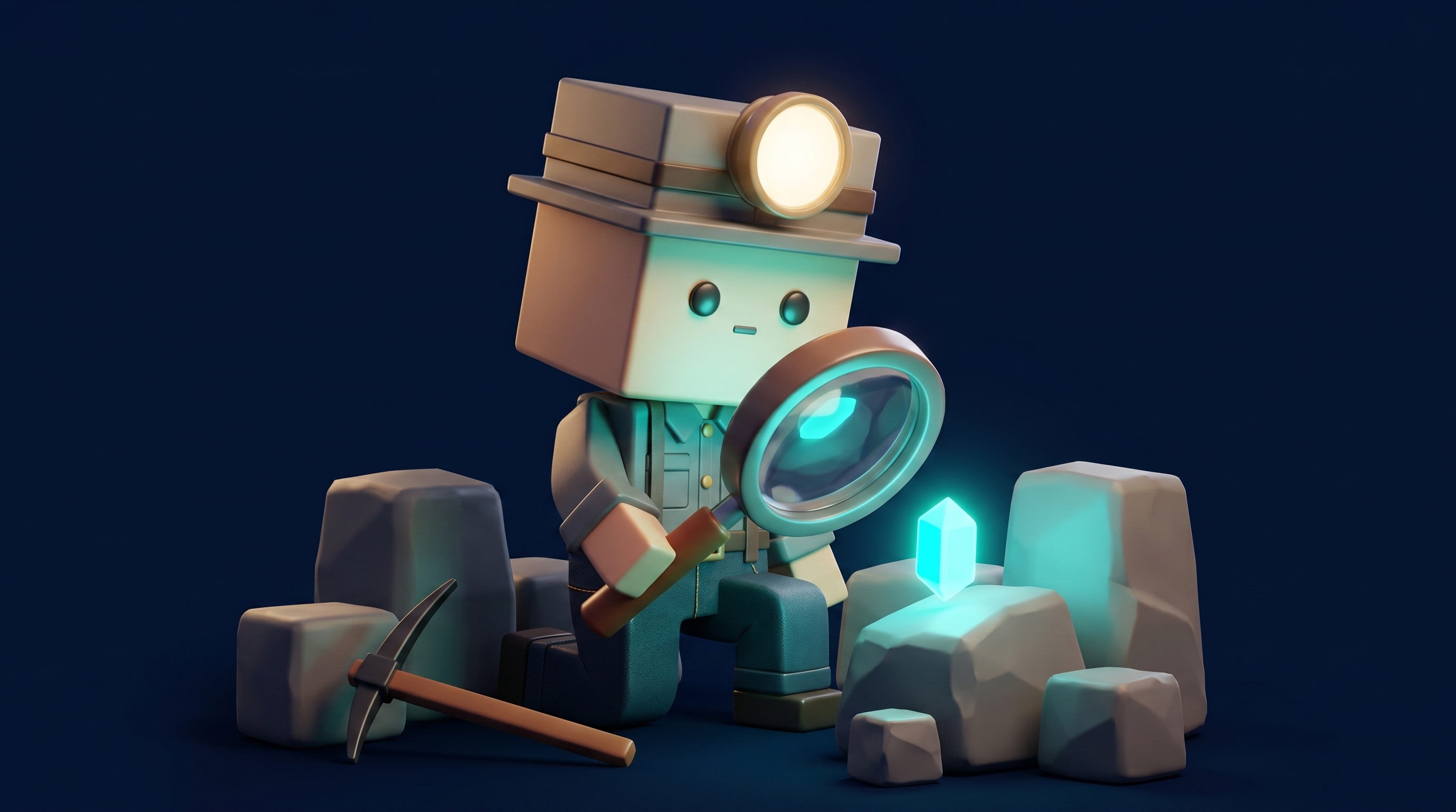 A magnifying glass finding a single glowing crypto gem among grey rocks