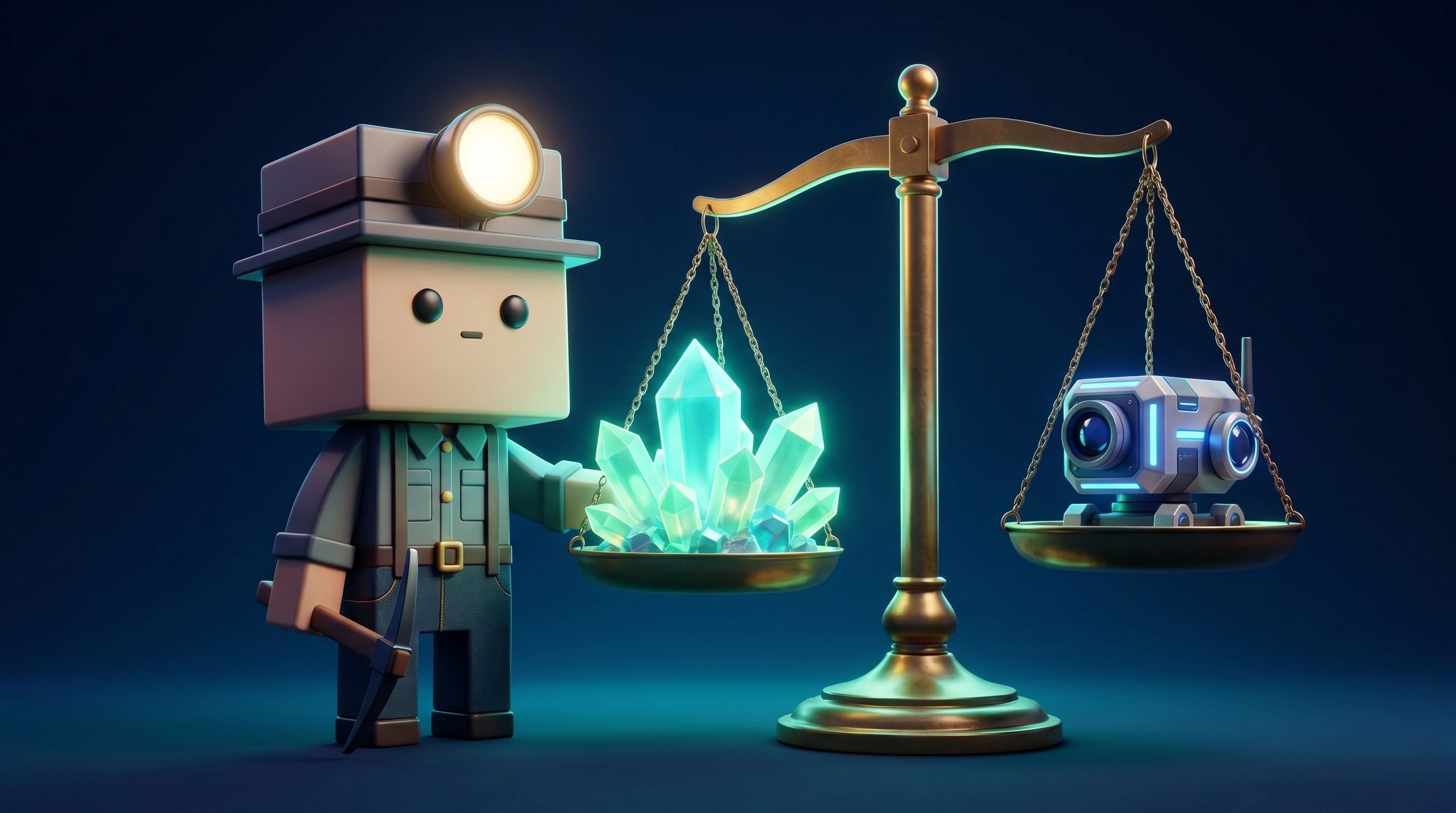 The Gem Hunters miner mascot weighing a glowing community of gems against a robotic scanner on a scale