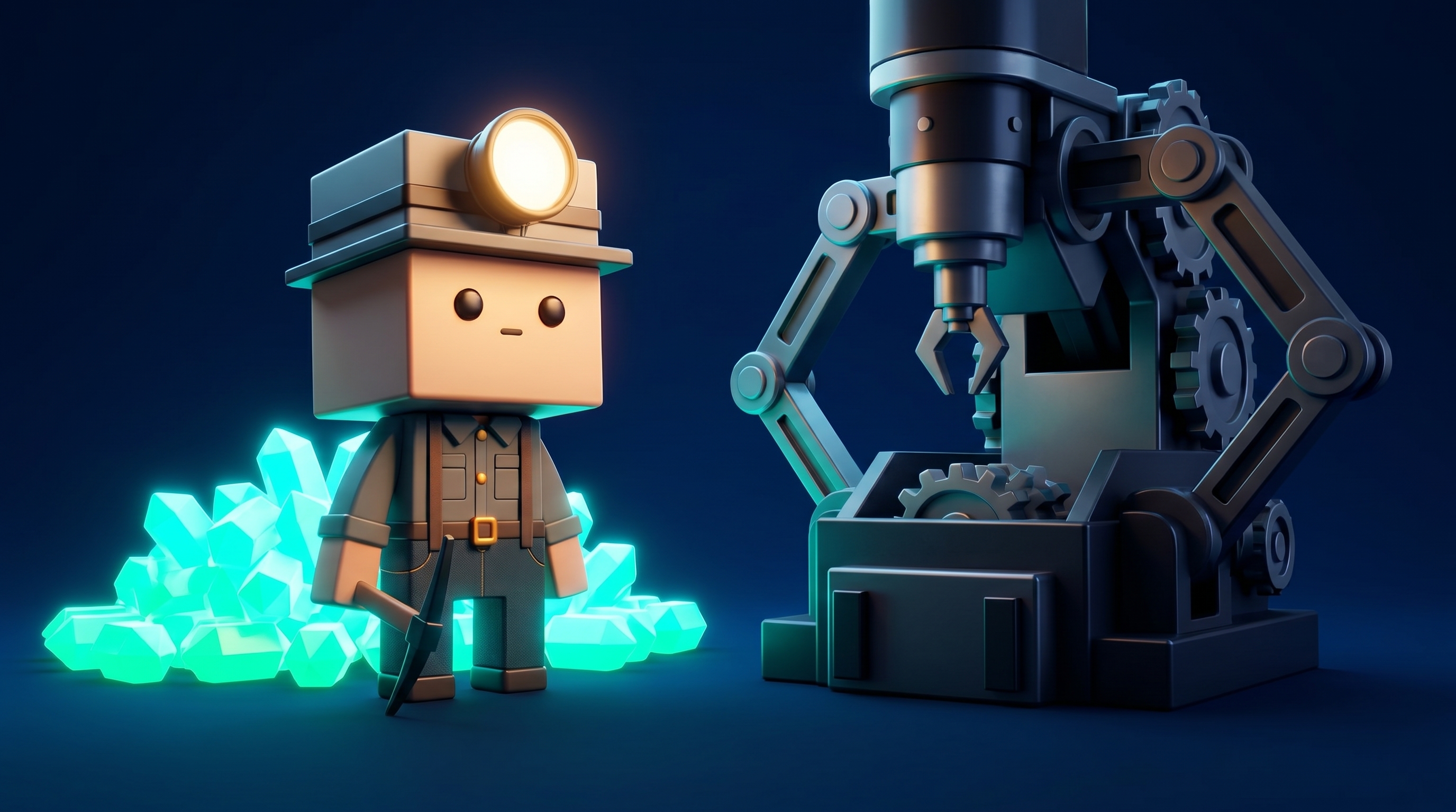 The Gem Hunters miner mascot beside a glowing community of gems next to a cold automated machine