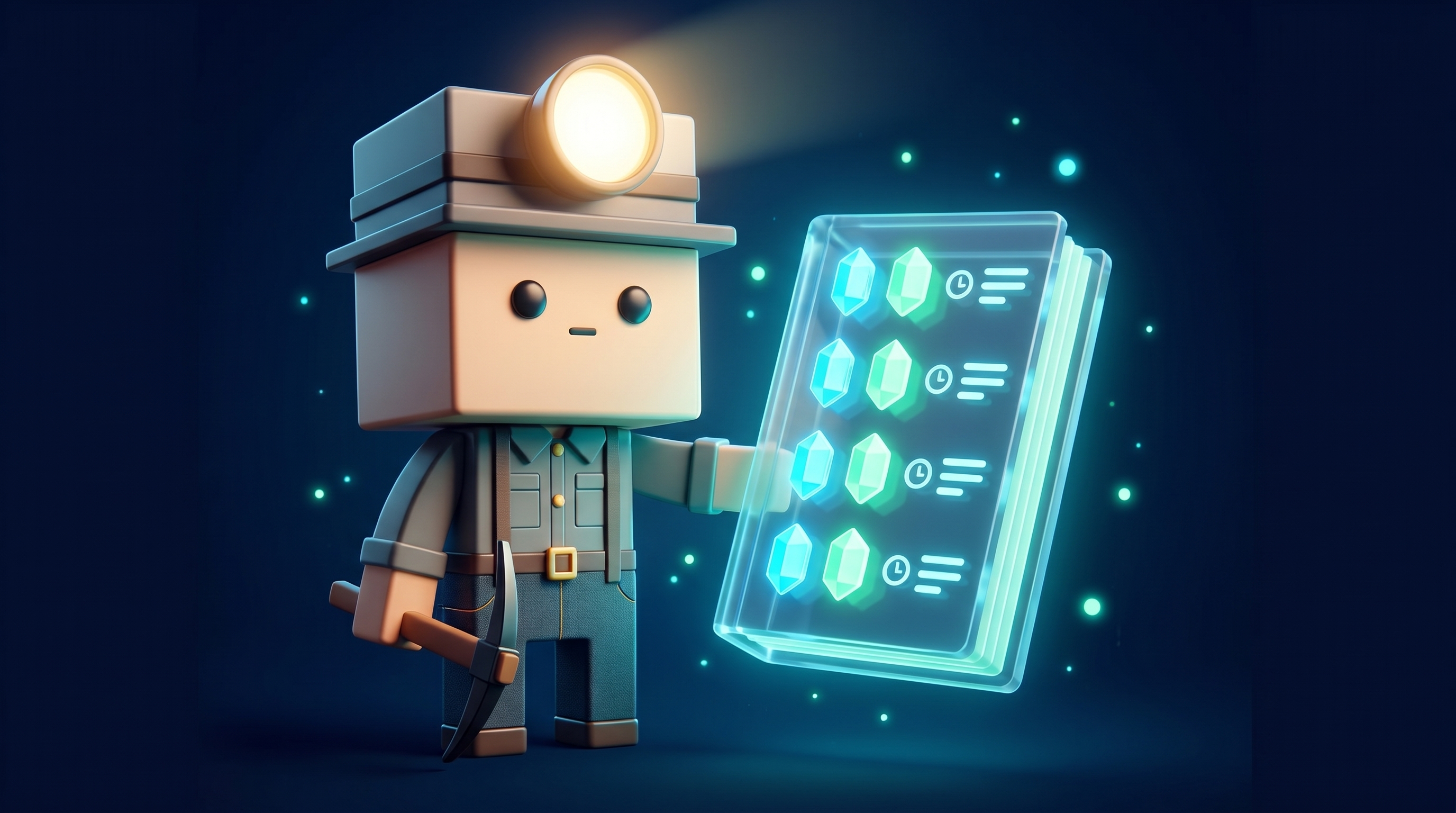 The Gem Hunters miner mascot holding a transparent logbook of timestamped glowing gem calls