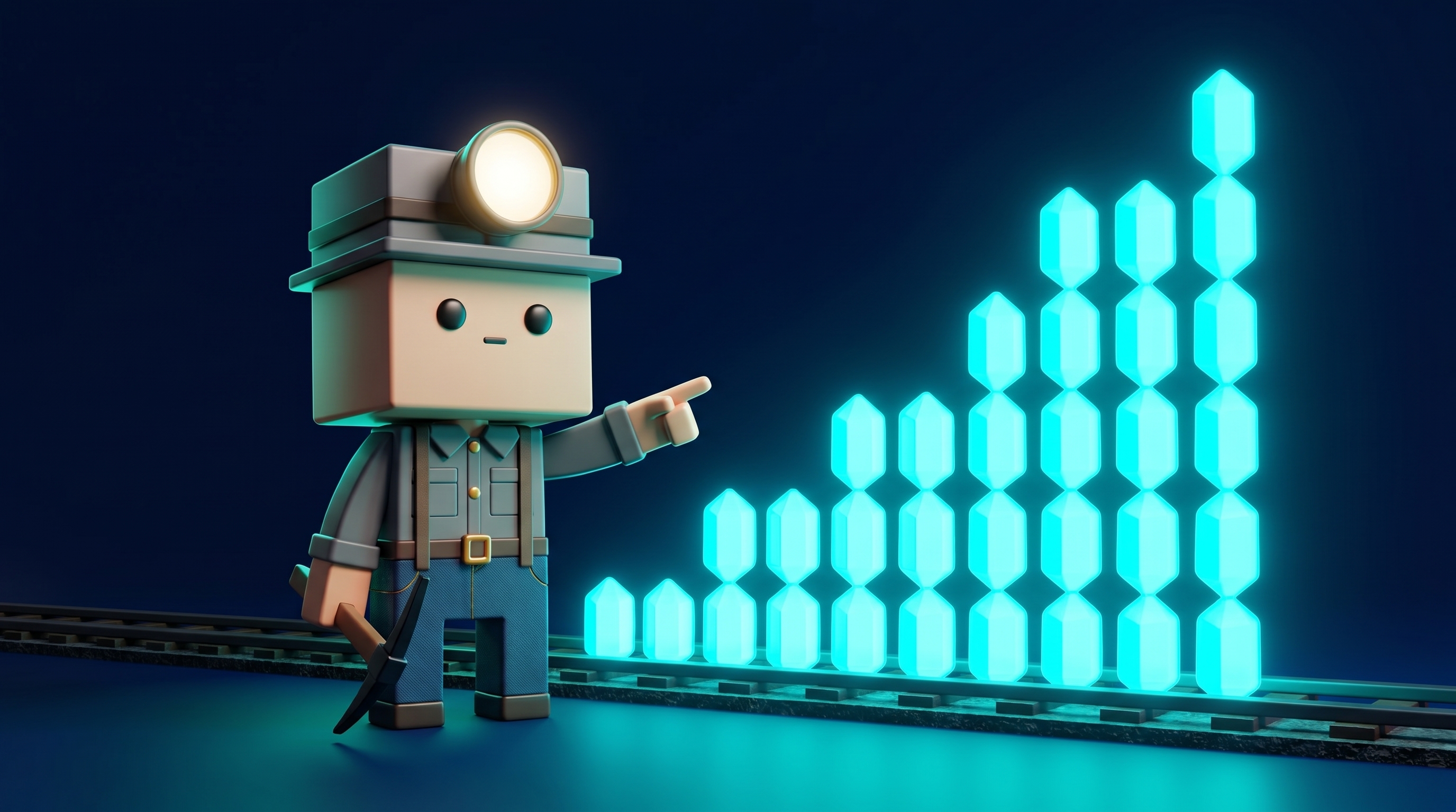 Glowing crypto gems stacked in rising columns like a bar chart, representing a documented track record