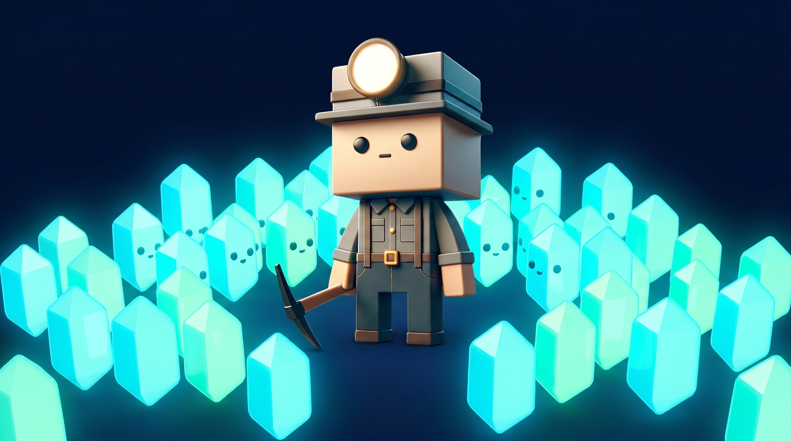 A cluster of glowing crypto gems connected by lines of light, representing the Gem Hunters community