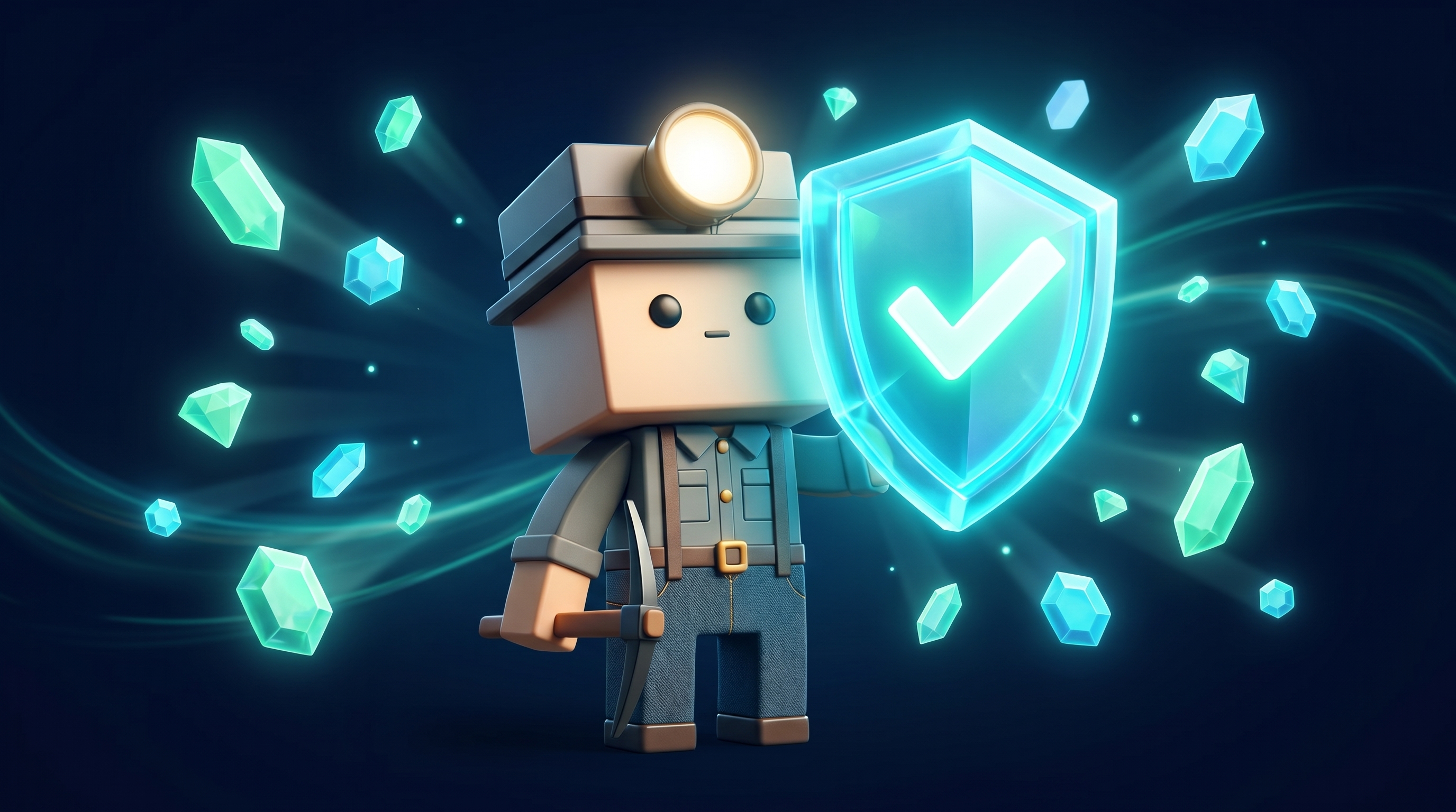 A glowing crystal shield with a checkmark, surrounded by gems