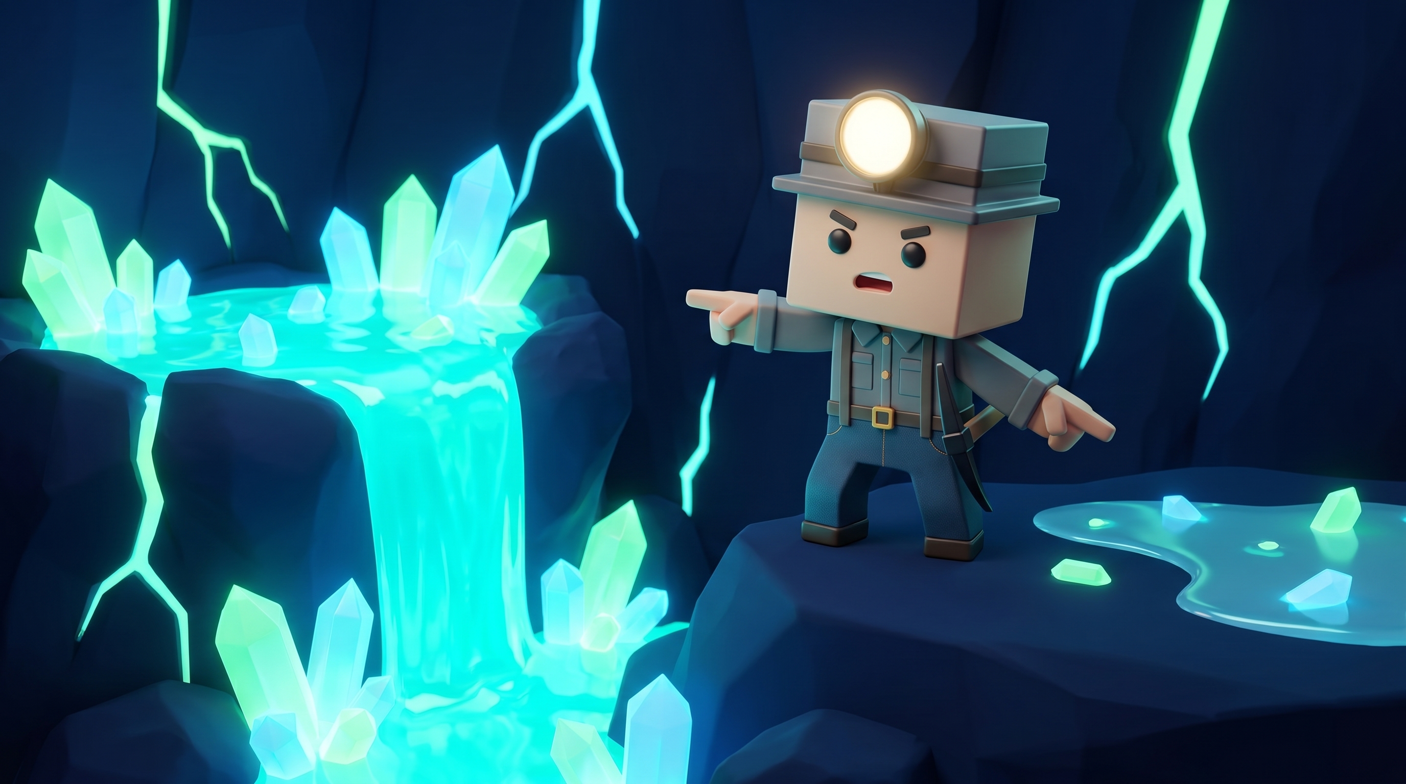 The Gem Hunters miner mascot pointing at a deep pool of glowing liquid gems next to a shallow thin one