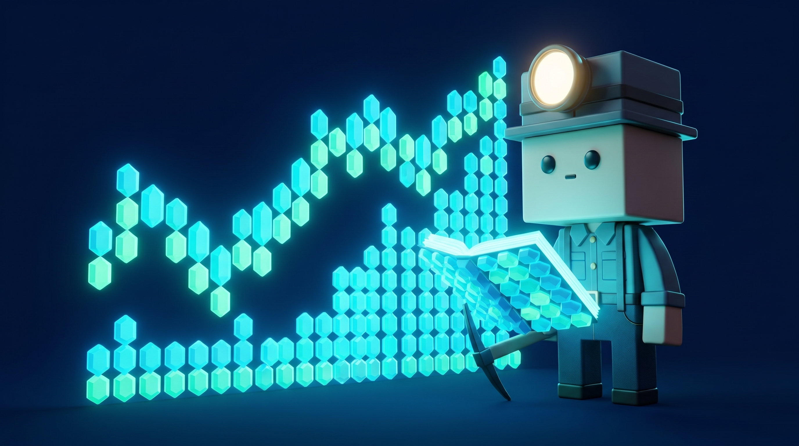 The Gem Hunters miner mascot studying a glowing depth chart and order book made of crypto gems