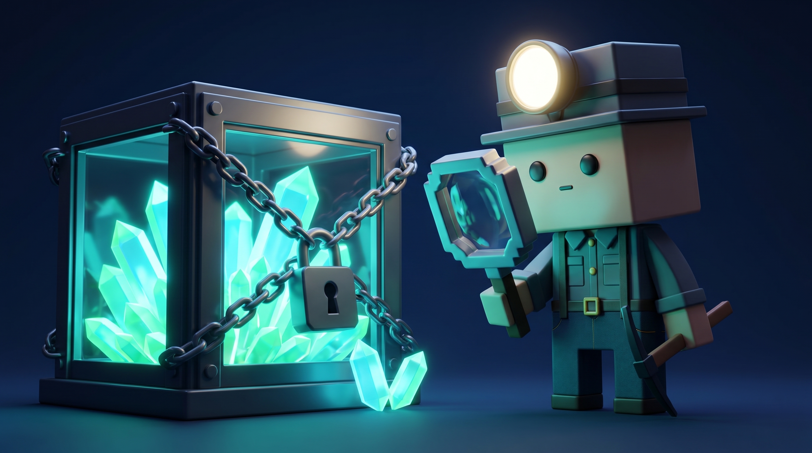 The Gem Hunters miner mascot inspecting a locked liquidity vault of glowing gems with a magnifying glass