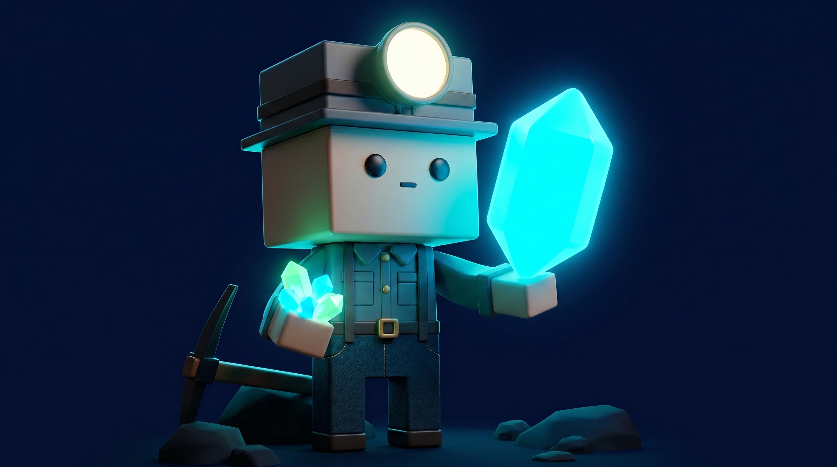 The Gem Hunters miner mascot comparing one huge gem to a cluster of tiny bright gems