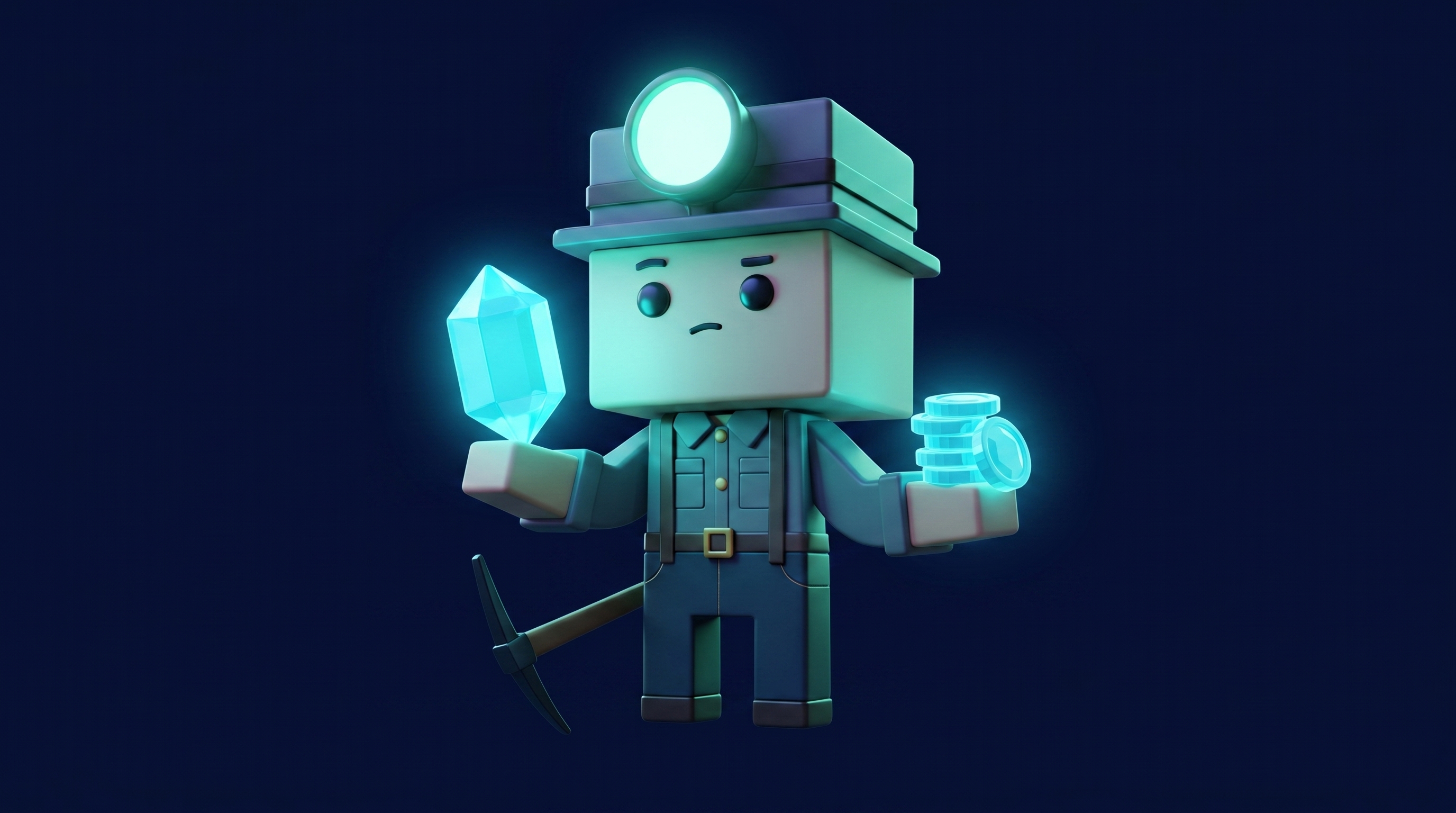 The Gem Hunters miner mascot weighing a glowing gem in one hand against a stack of gem coins in the other