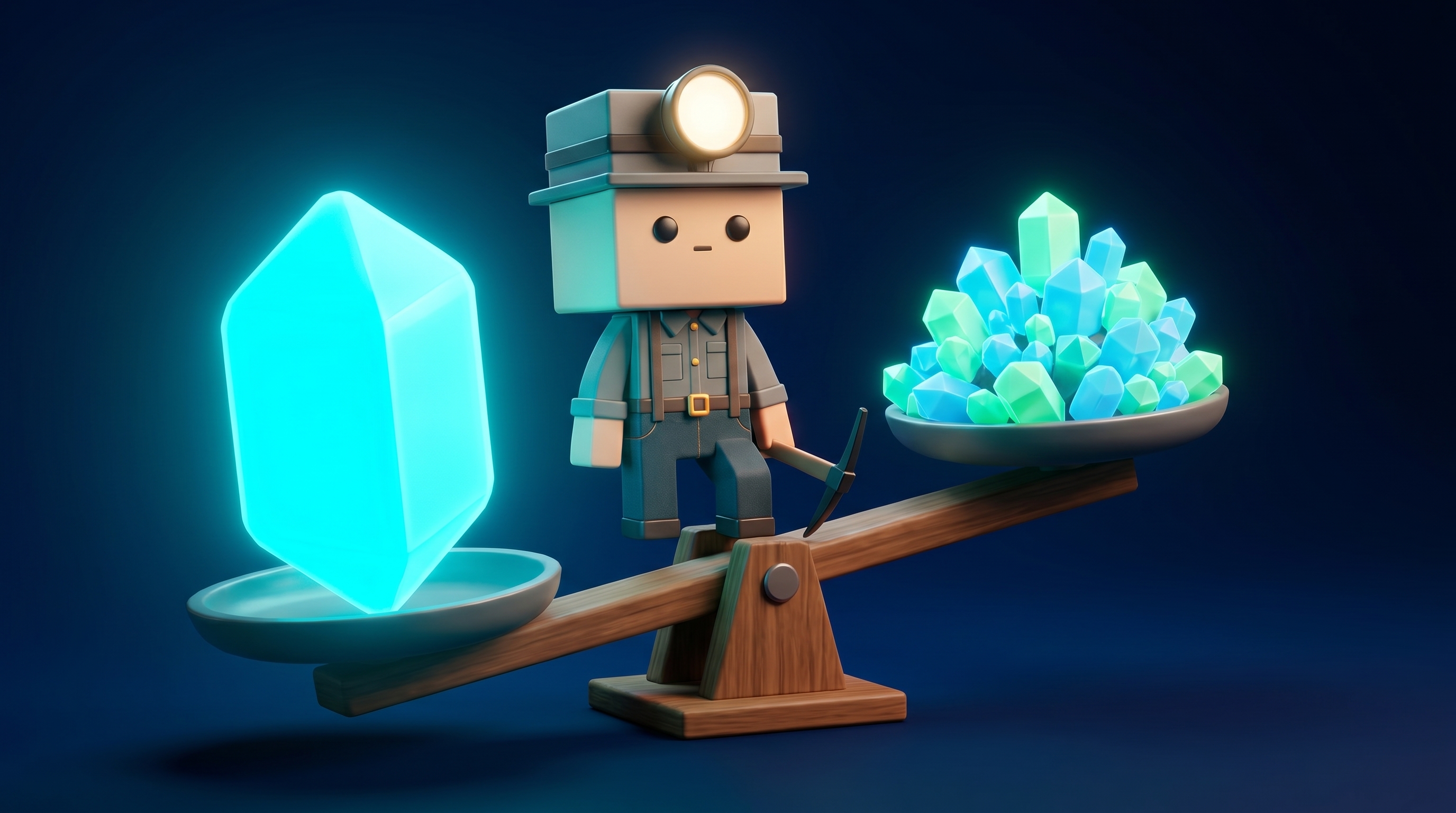 The Gem Hunters miner mascot weighing one giant gem against a pile of many small gems on a balance scale