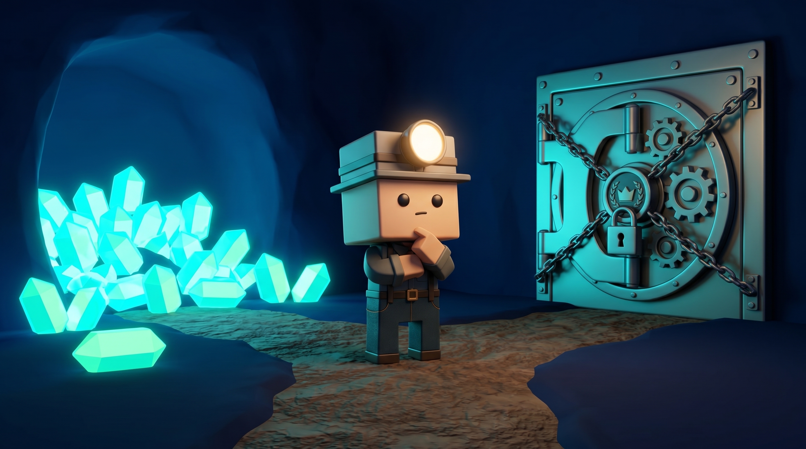 The Gem Hunters mascot at a fork, with an open pile of free gems on one side and a locked vault on the other