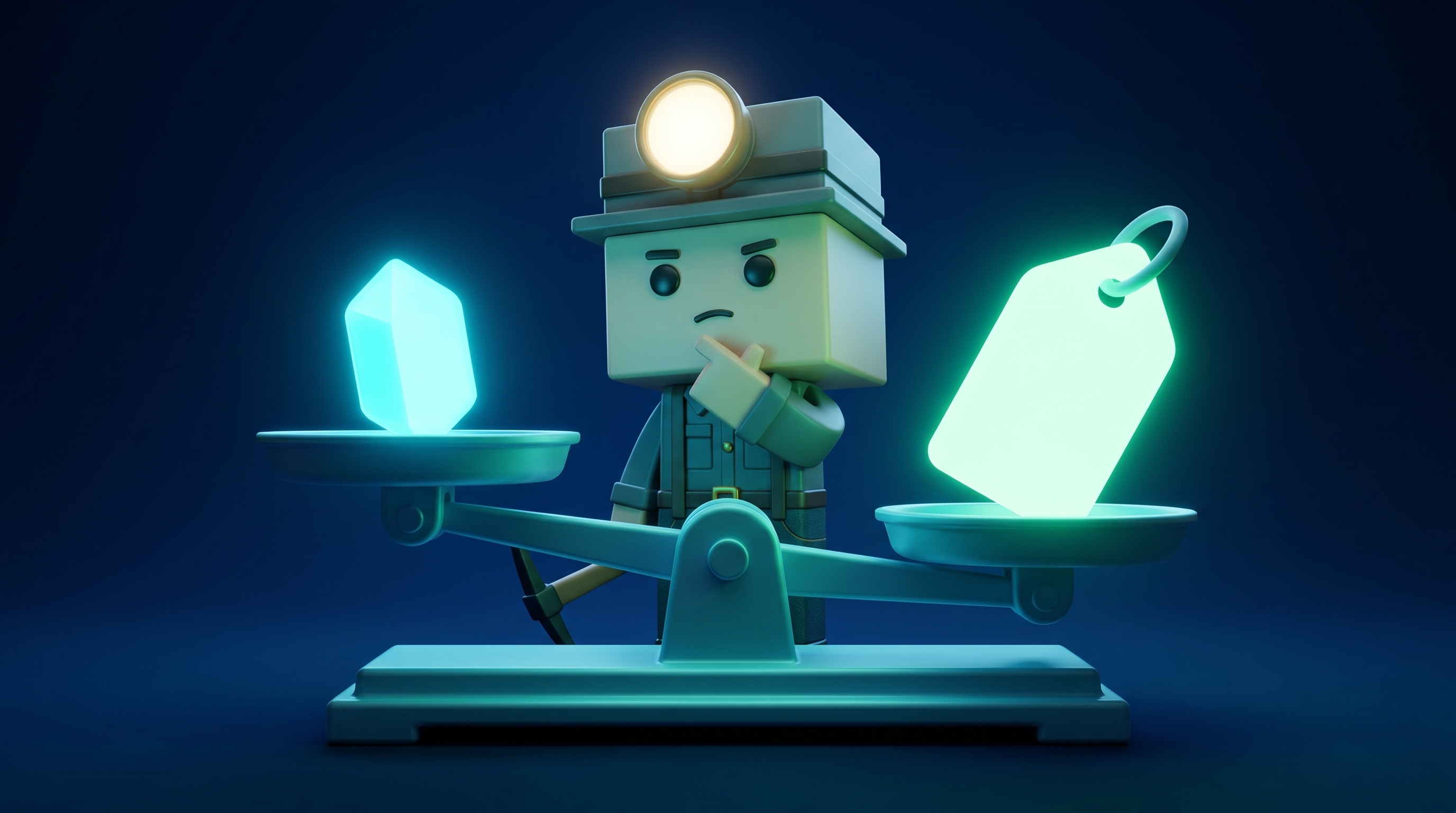 The Gem Hunters mascot weighing a glowing gem against a price tag on a set of scales