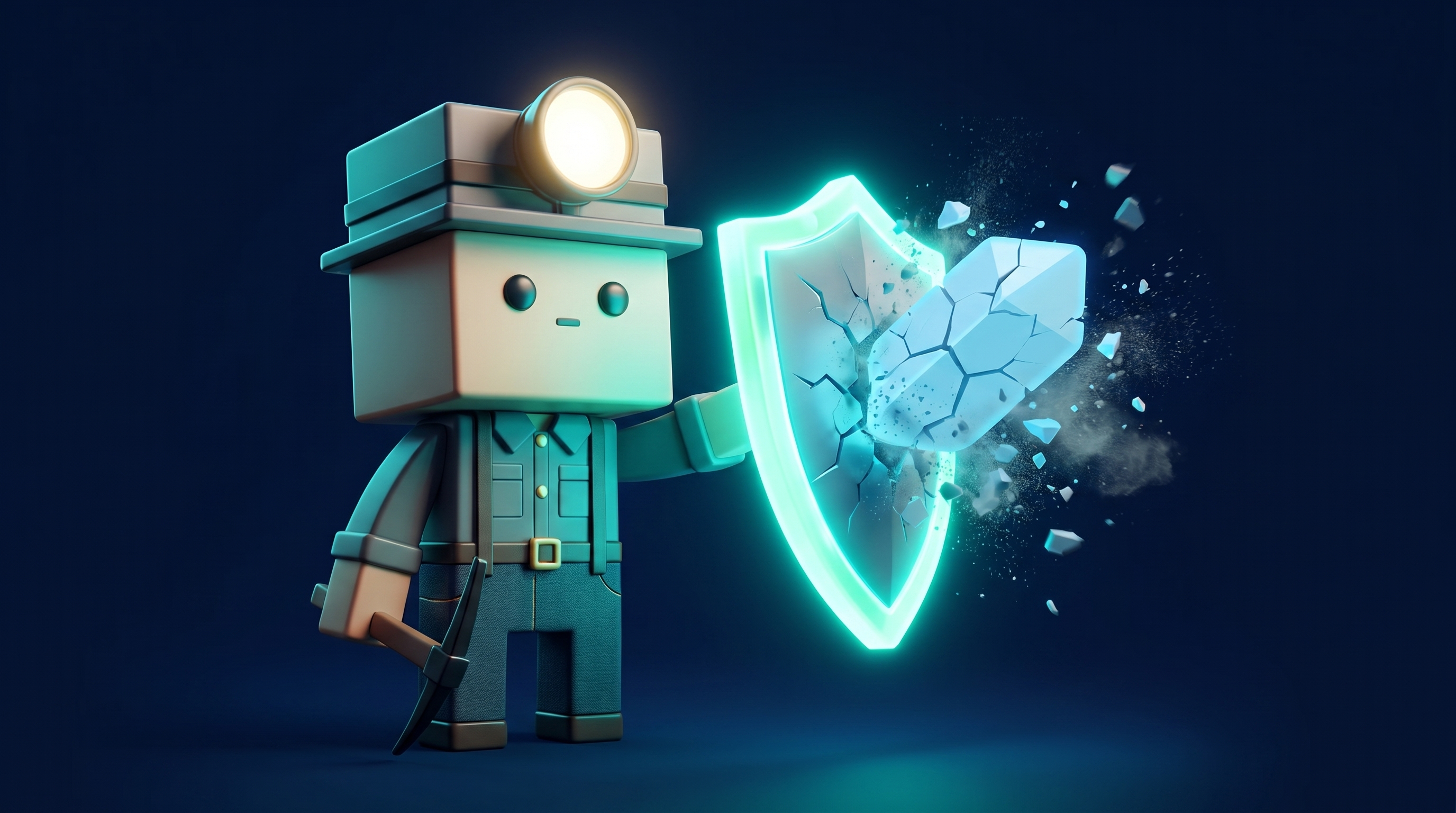 The Gem Hunters mascot holding a glowing shield that blocks a cracked fake gem crumbling to dust