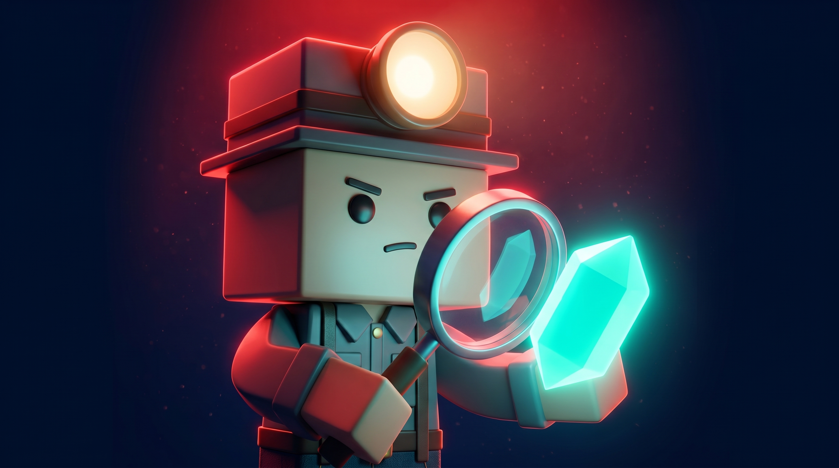 The Gem Hunters mascot inspecting a suspicious glowing gem with a magnifying glass under a red warning light