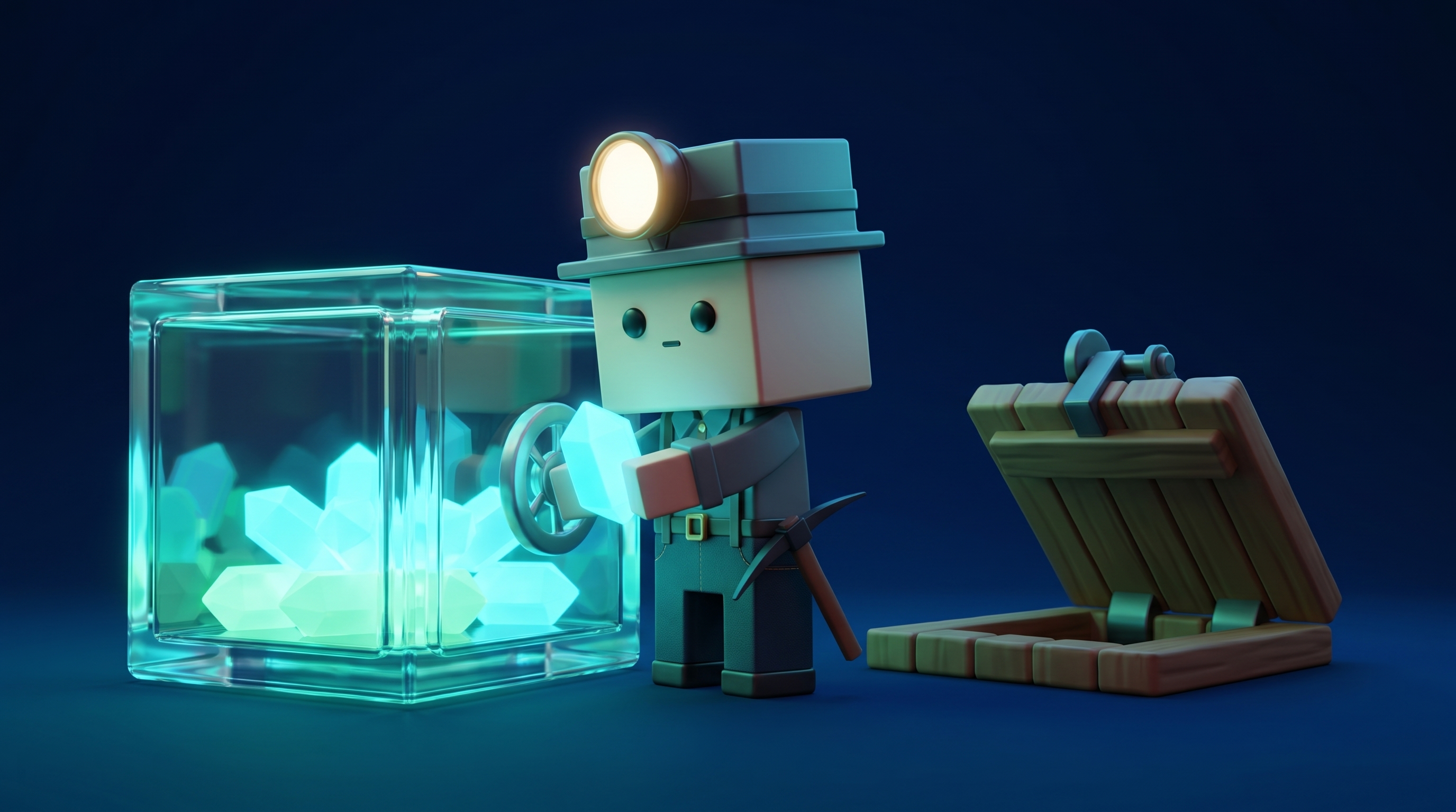 The Gem Hunters mascot locking real gems inside a transparent vault while an empty scam trapdoor sits closed beside it