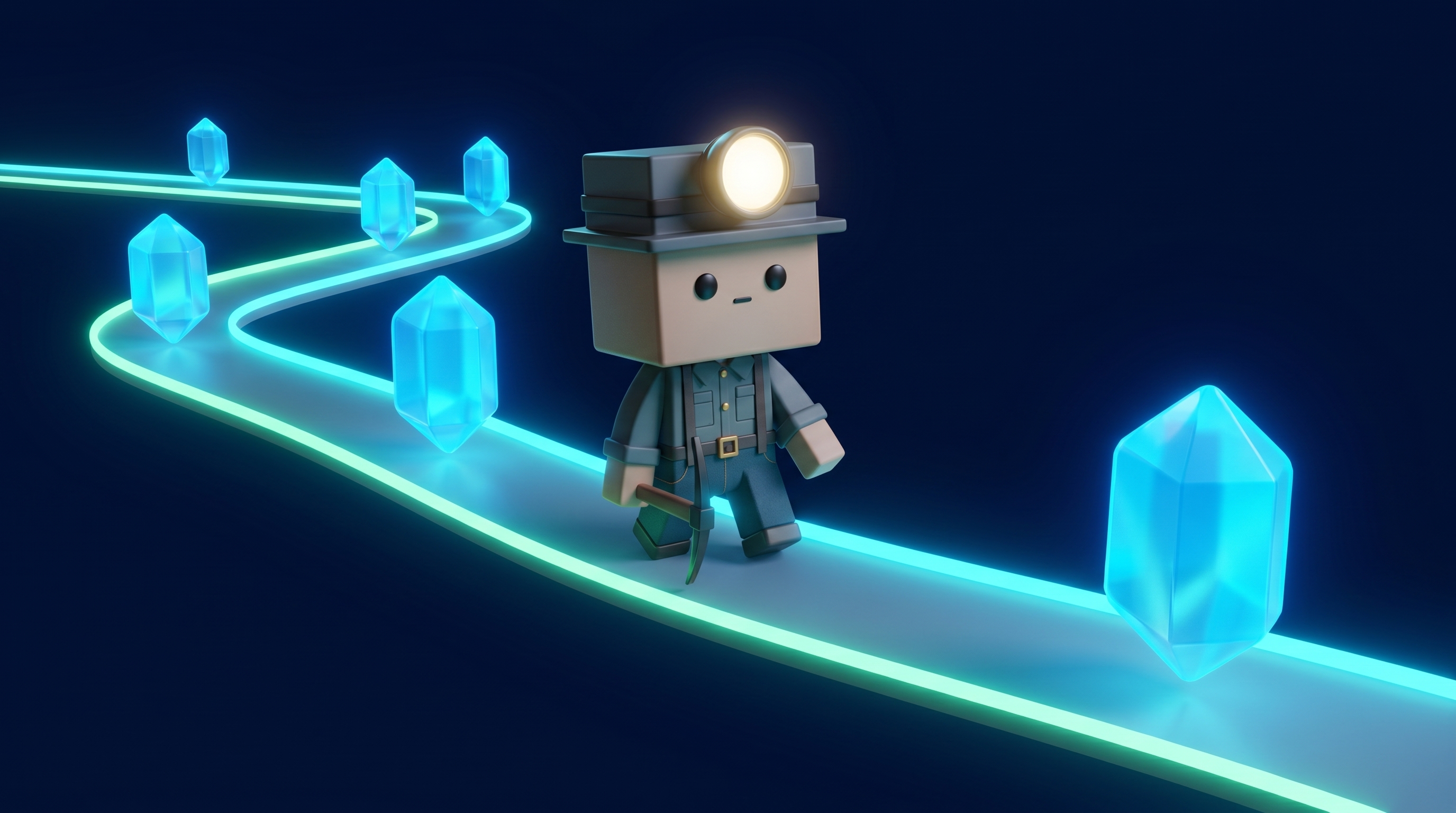 A long ledger of glowing crypto gems laid out in a timeline along a stone wall