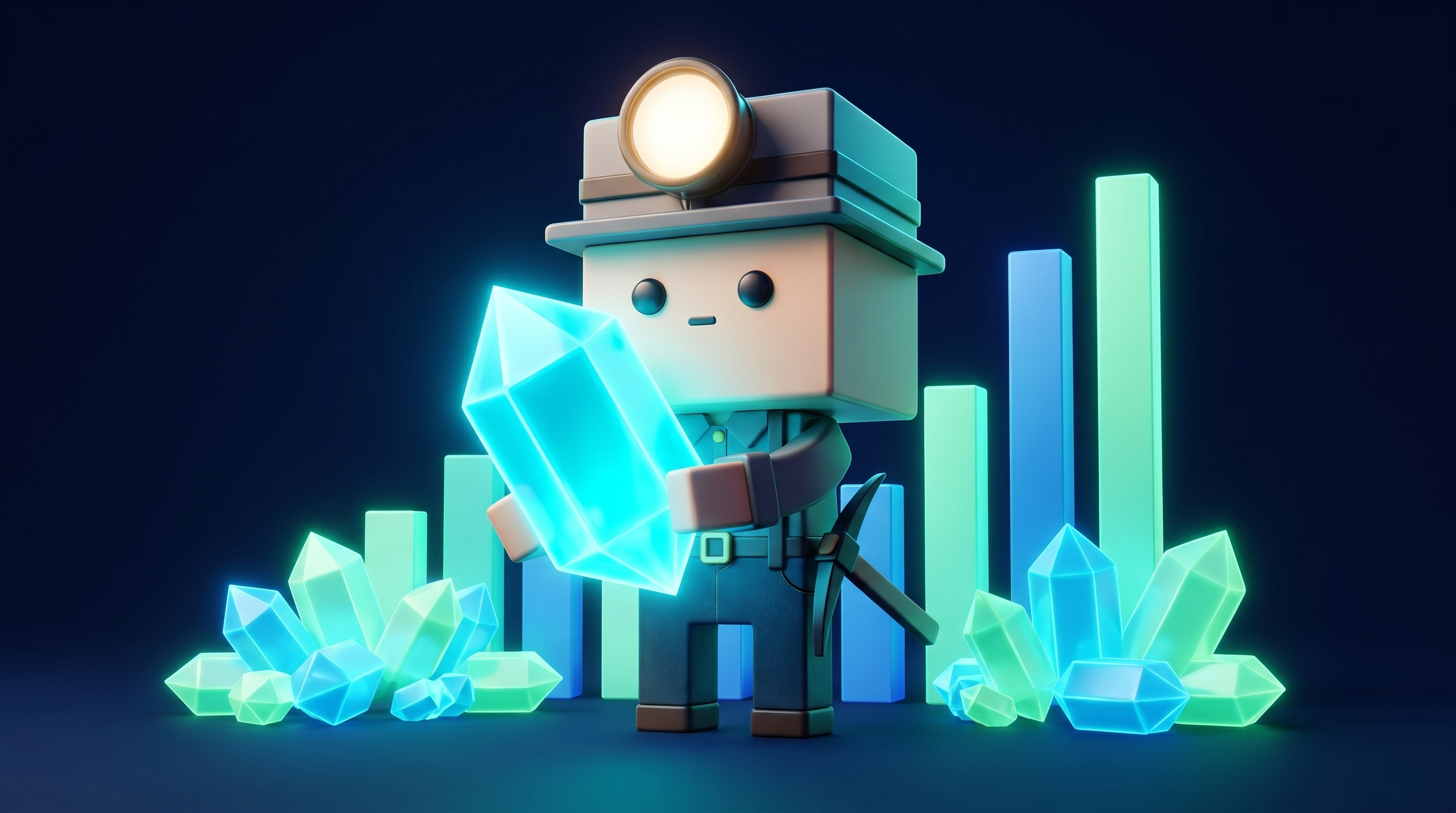 A glowing crypto gem trophy lit on a stone pedestal