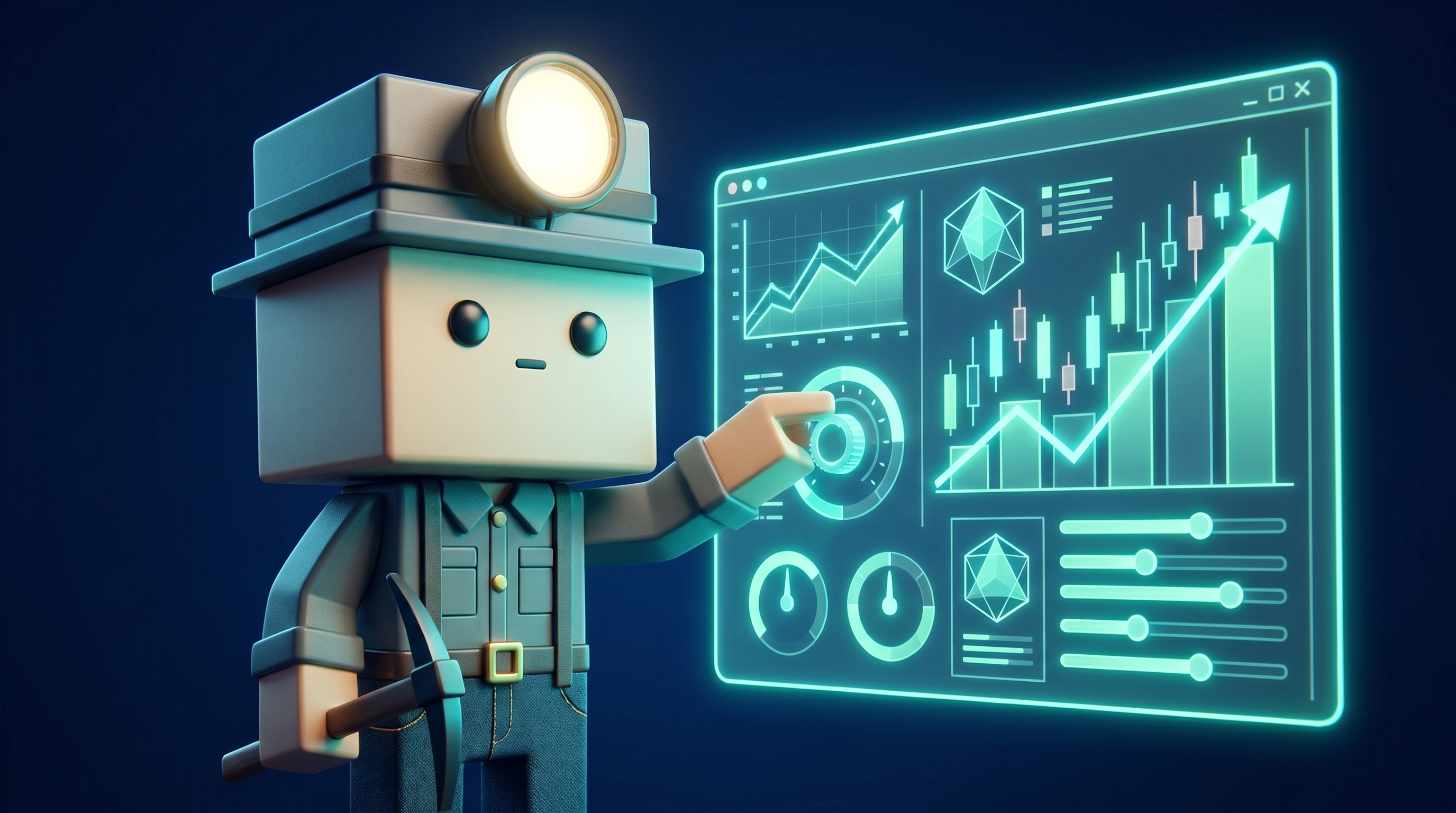 The Gem Hunters miner mascot adjusting glowing indicator dials on a holographic crypto chart