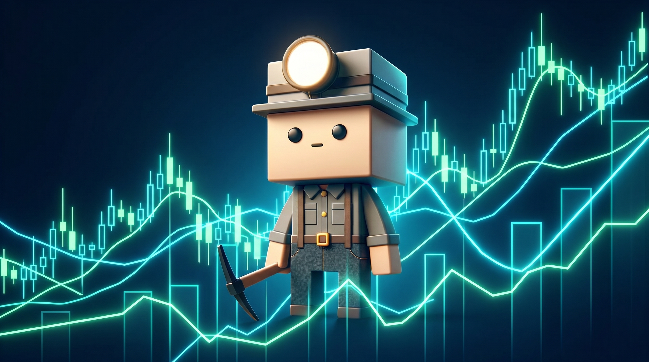 The Gem Hunters miner mascot in front of a glowing trading chart covered in indicator lines