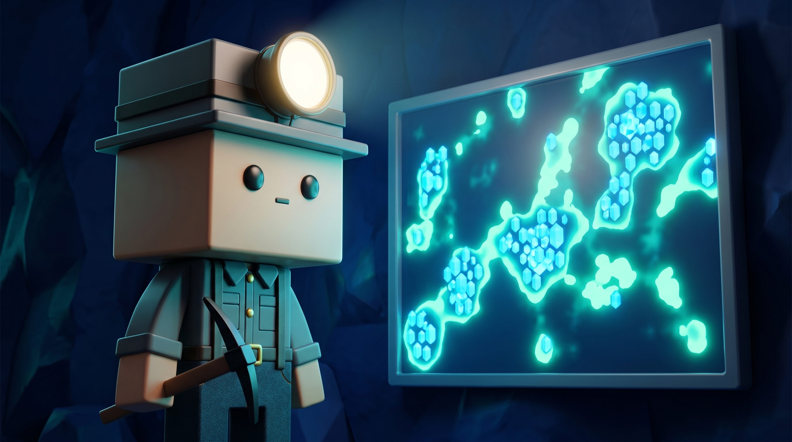 The Gem Hunters miner mascot reading a clean glowing liquidity heat map on a screen